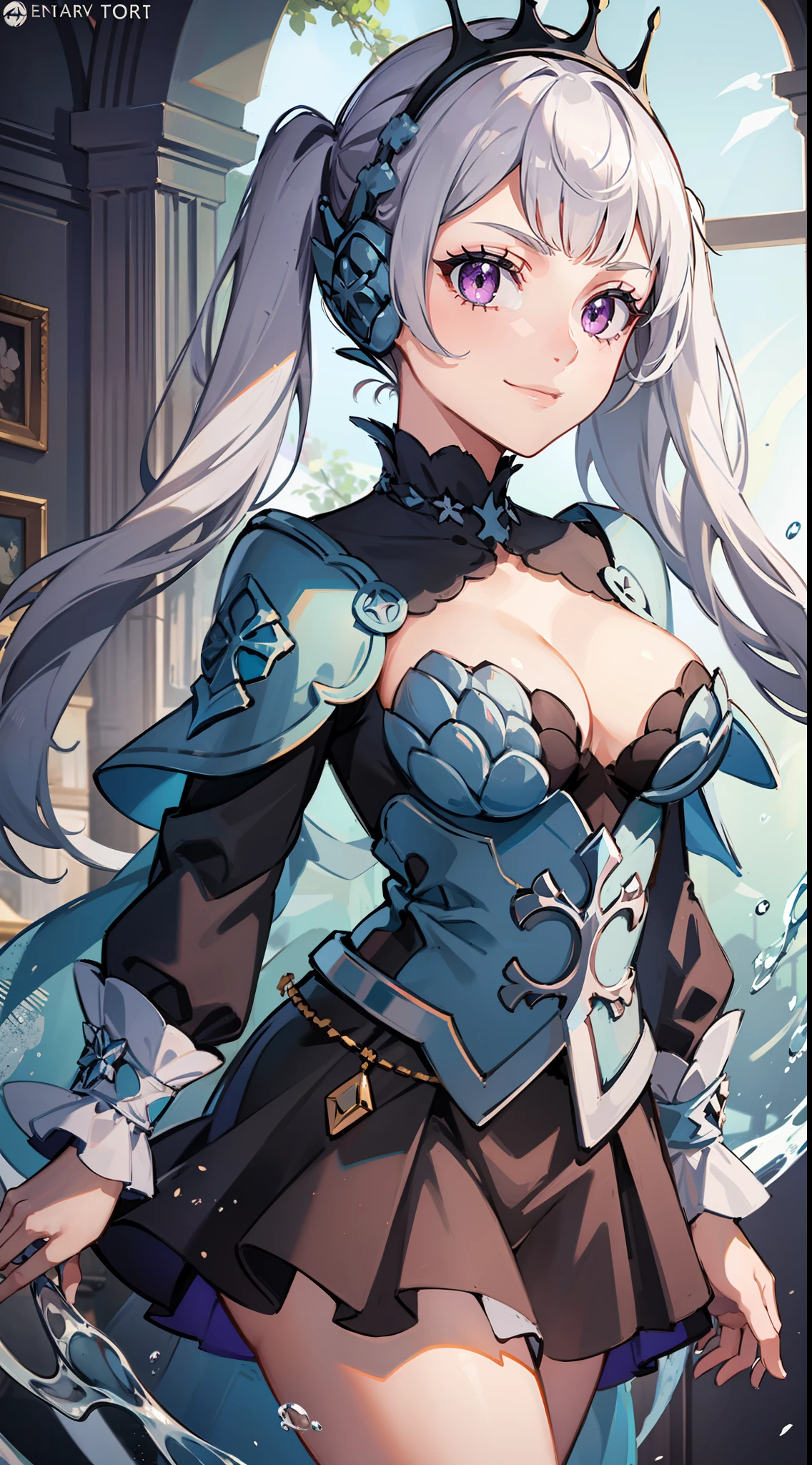 1girl, cowboy shot, beautiful noelle_silva,long hair ,twintails, bangs, earring,jewelry, silver hair,purple eyes, mage_dress,white dress, cleavage, capelet,long sleeves, water, medium breast ,smile,room,indoors, front light, volumetric lighting, best quality, masterpiece, intricate details, tonemapping, sharp focus, hyper detailed, trending on Artstation,