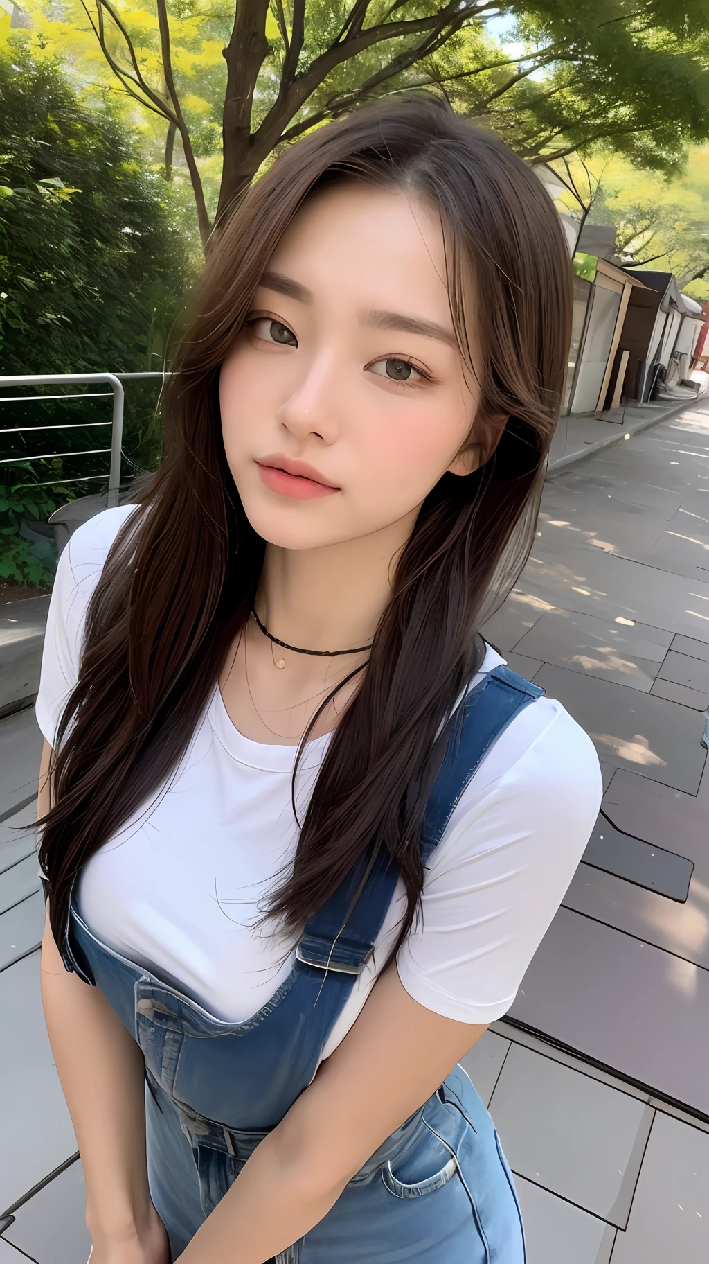 ((length hair, need, 8K, tmasterpiece:1.3)), fullllbody, Long legs, Focalors:1.2, perfect figure beautiful woman:1.4, Slim abs:1.1, ((Dark brown hair, large- titsjob:1.2 )), (Random color tight T-shirt, Long denim suspenders, standingn:1.2), ((In the daytime, roofto:1.3)), Highly detailed facial and skin texture, detailed eye, 双眼皮，（（（Do not wear jewelry around your neck））），（（（The handle is hidden and the hand arm is not visible vertically））），In the forest，The color of a real person