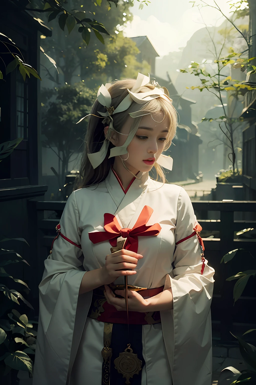 (1girl:1.3),solo,__body-parts__,
official art, unity 8k wallpaper, ultra detailed, beautiful and aesthetic, beautiful, masterpiece, best quality,Fantastical Atmosphere, Calming Palette, Tranquil Mood, Soft Shading,
Miko priestess, charm spell, talisman familiar, shrine maiden duties,