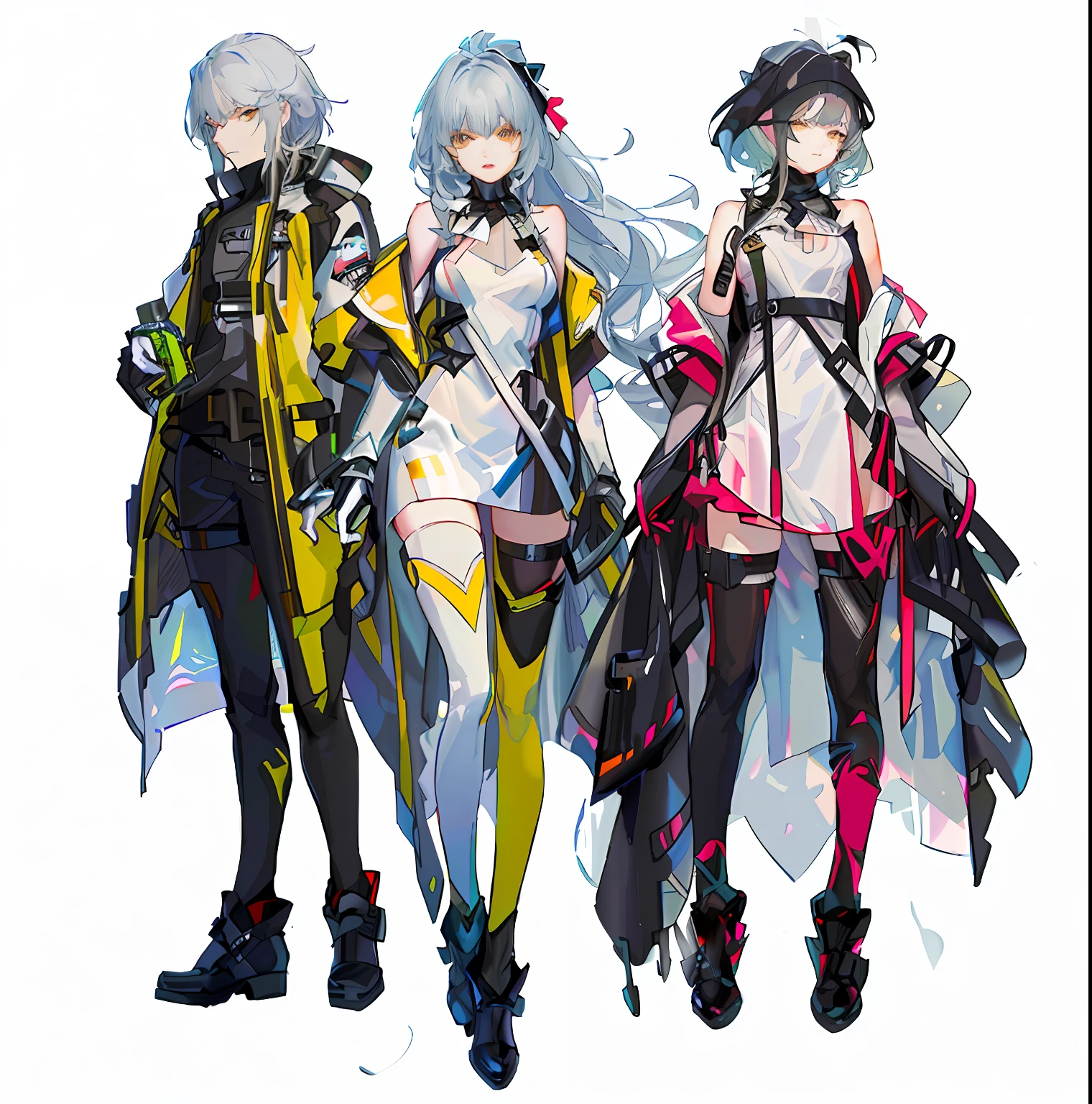 Three anime girls dressed in black and yellow and branch costumes stand side by side, rossdraws cartoon vibrant, colorful concept art, From the night of the ark, 《Ark of tomorrow》role, Cyberpunk costumes, trending on artstation pixiv, arknights, Girl fashion girl style, rossdraws pastel vibrant, Colorful! Character design, ( ( concept art of character ) ), digital cyberpunk anime art