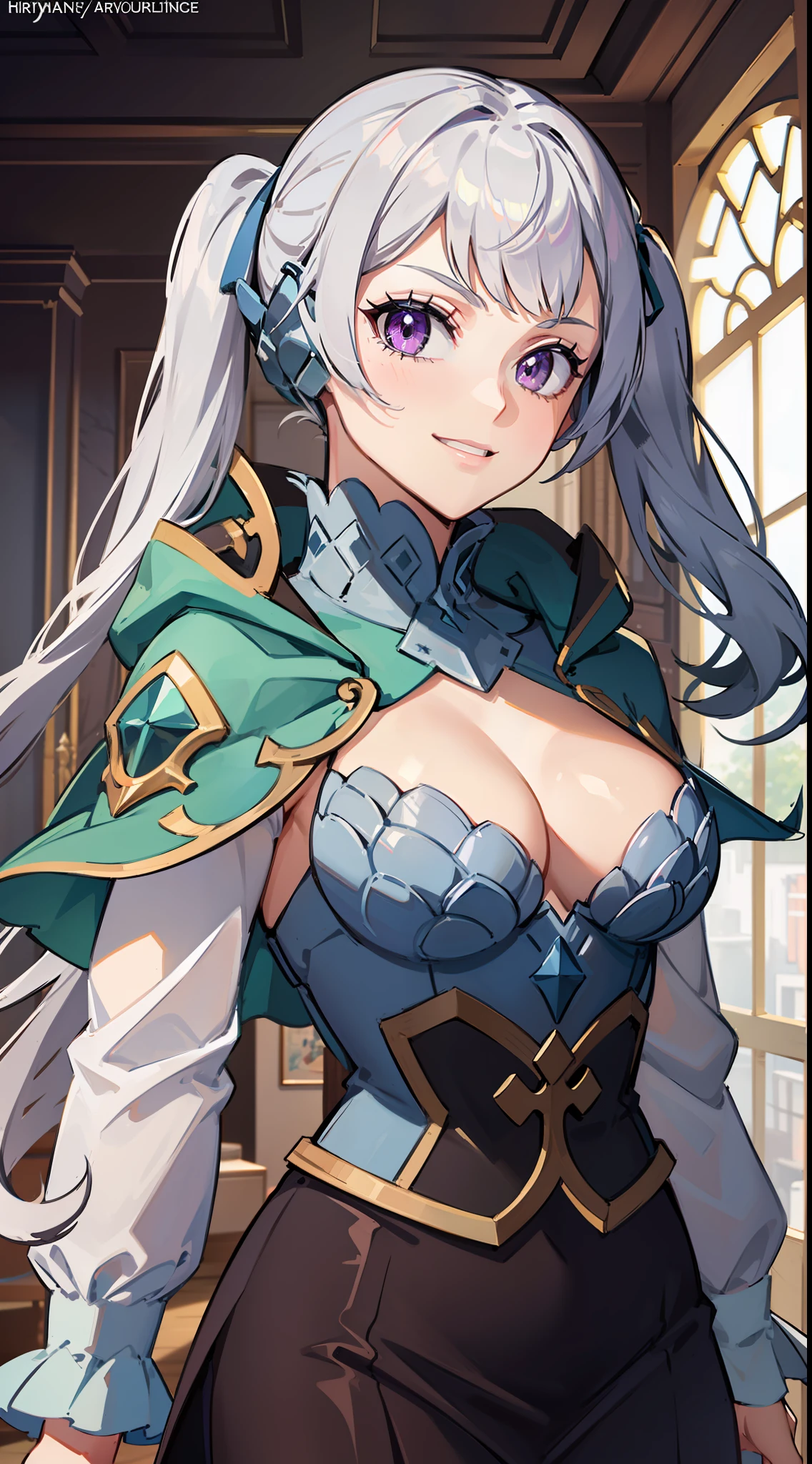 1girl, cowboy shot, beautiful noelle_silva,long hair ,twintails, bangs, earring,jewelry, silver hair,purple eyes, mage_dress,white dress, cleavage, capelet,long sleeves, water, medium breast ,smile,room,indoors, front light, volumetric lighting, best quality, masterpiece, intricate details, tonemapping, sharp focus, hyper detailed, trending on Artstation,