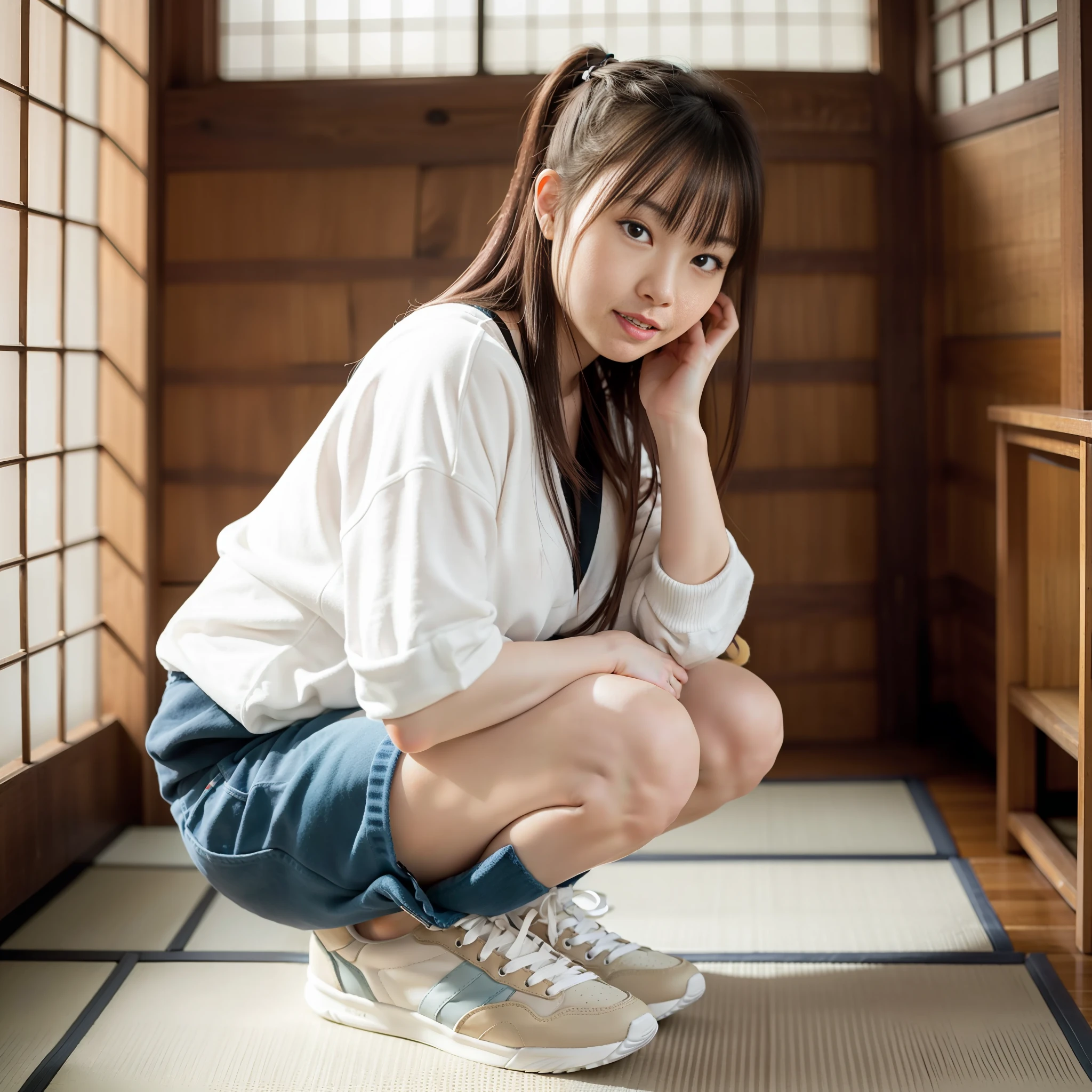 Clumsy girl　squatting　sneakers　traditional Japanese room