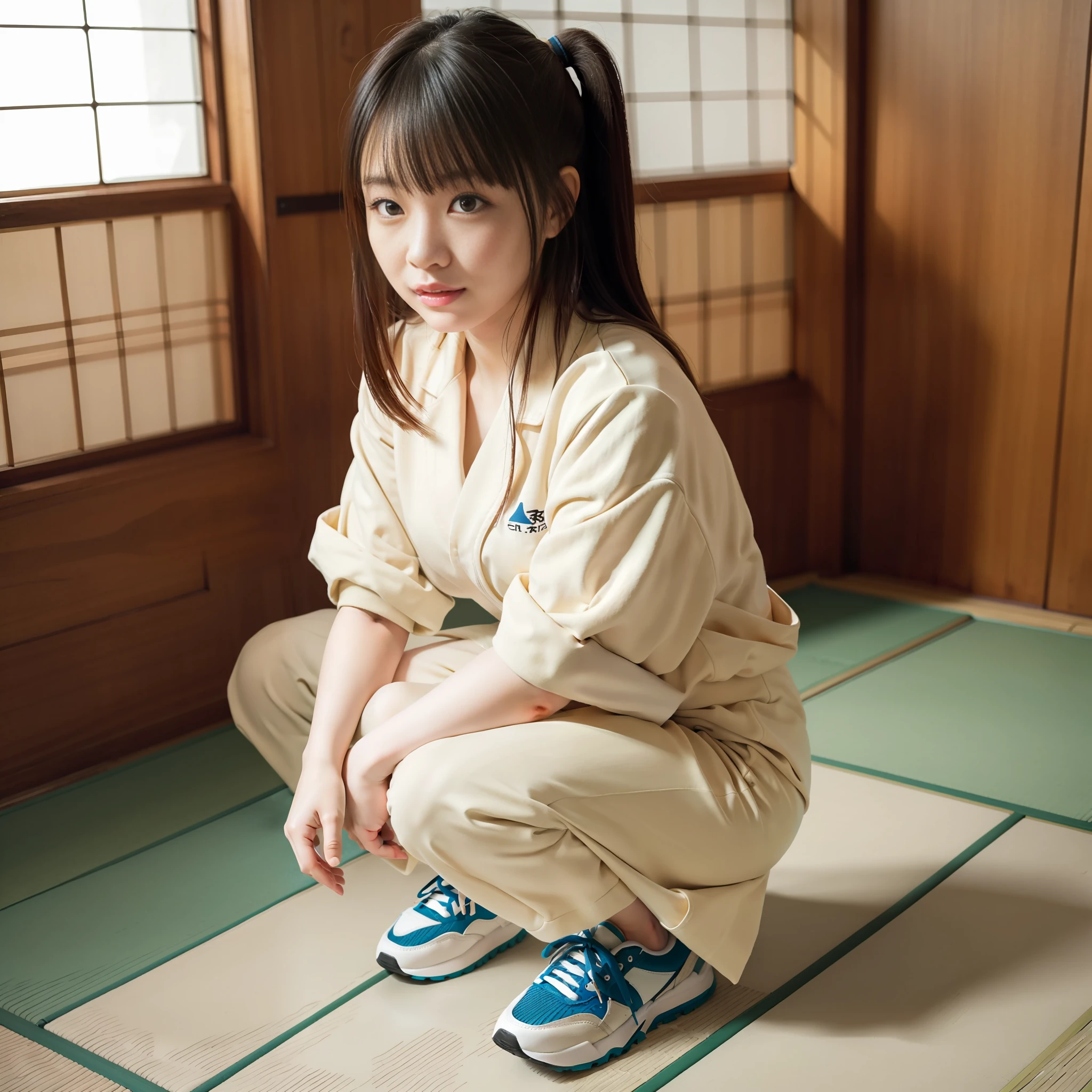 Clumsy girl squatting sneakers traditional Japanese room