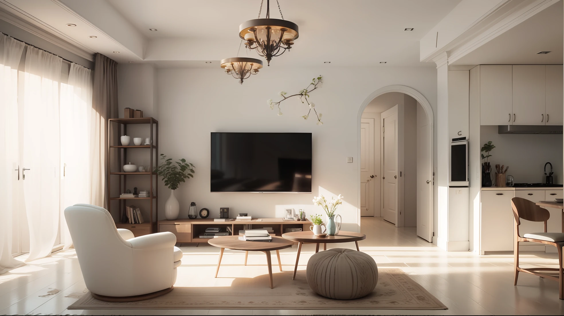 vary renders 12K high-definition realistic renderings,natural light soft,The sunlight shines weakly,Moderate brightness,Floor tiles light brown 600x1200,Cream white chair,The coffee table is dark,TV black,The TV background wall is milk coffee color latex paint,The door is light-colored,Cabinet walnut color,Wall milk coffee color latex paint,Ceiling matte white latex paint,The chandelier white luminesces color temperature 4000K,Carpet gray,Walnut cream wind --auto