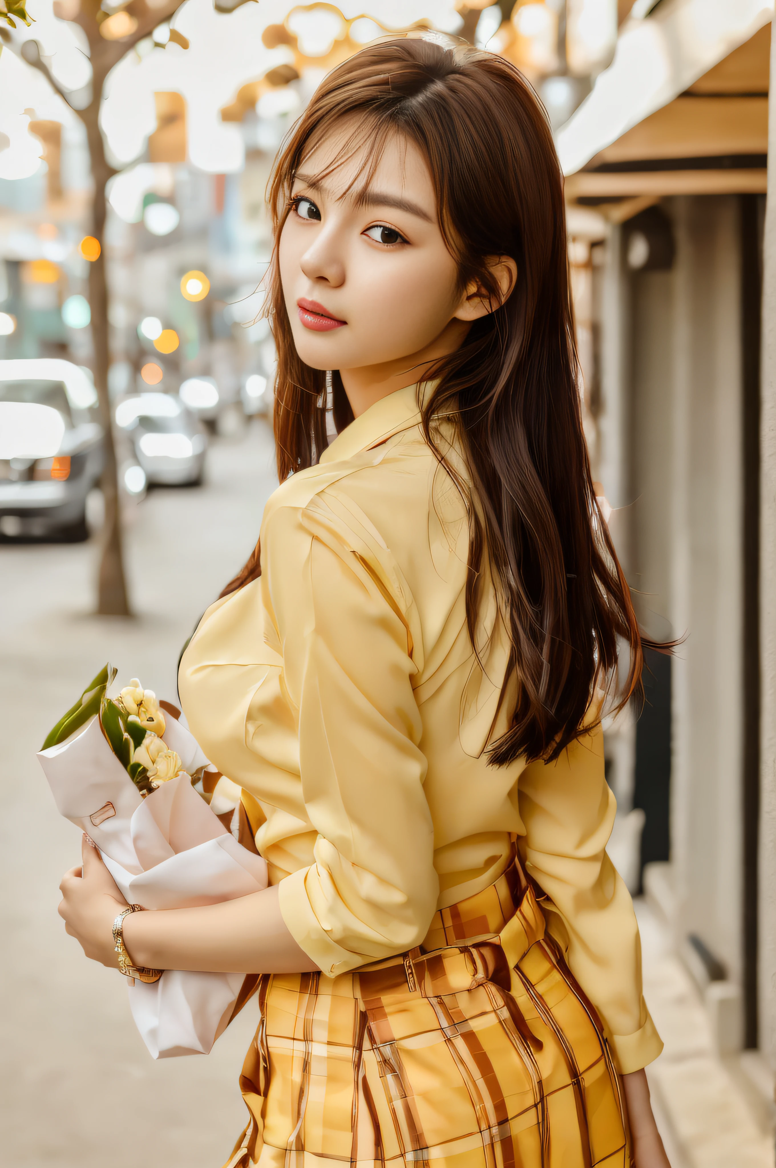 there is a woman that is standing on the street with a bouquet, Gorgeous young Korean woman, Korean Girl, Beautiful young Korean woman, beautiful Korean women, korean female fashion model, ulzzangs, jaeyeon nam, Korean Woman, sakimichan, Young adorable Korean face, Portrait of female Korean idol, Choi Hong Hwa, Cute Korean Actress、Kind eyes、A slight smil、Gentle light、Sharp but image quality、HDR、 --auto