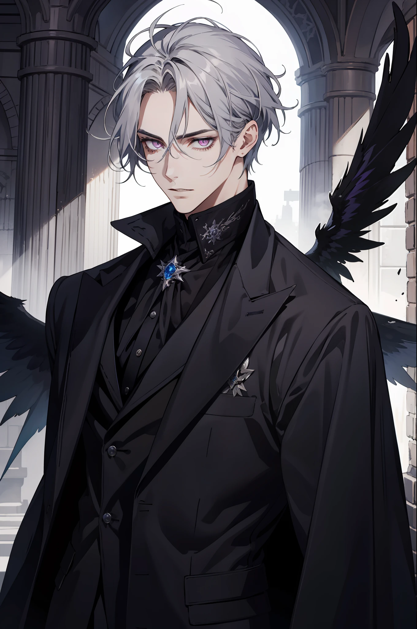 （Highest image quality, tmasterpiece）Long gray hair, purpl eyes, A male, Adult, Dark atmosphere, Western clothing dominated by black, There is a pair of large black wings behind him, Handsome, AS-Adult, Charming facial features, Fallen angels, fanciful，With a gentle expression
