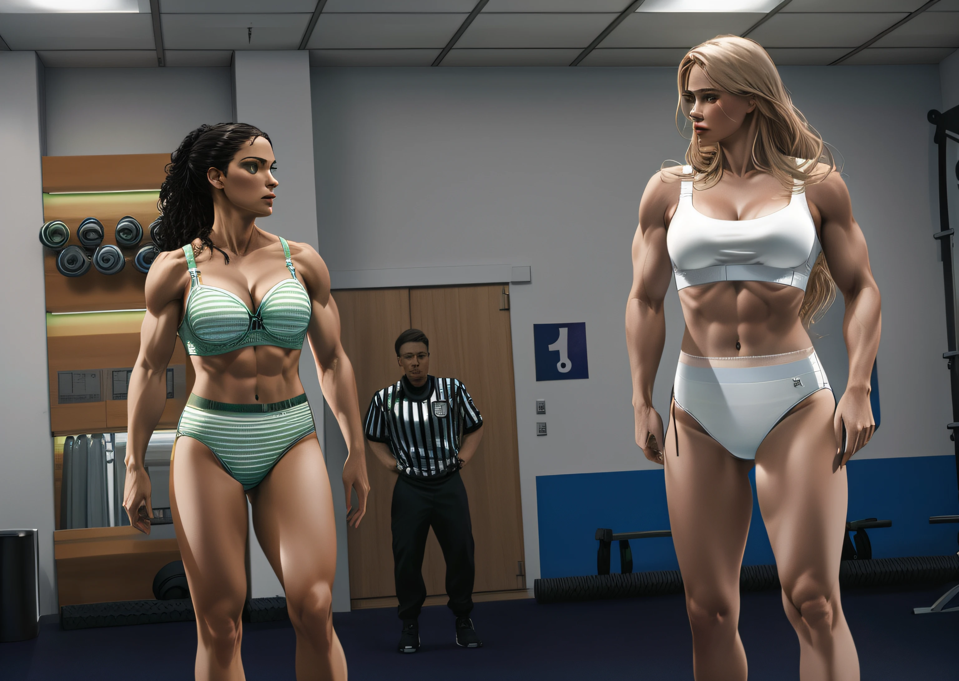 A fit dark haired Caucasian woman on the left, in green and pink striped bra and panties, A buff Norwegian blonde woman on the right, in white bra and white high cut panties, in a gym, referee in the distance, photo realistic, intricate details