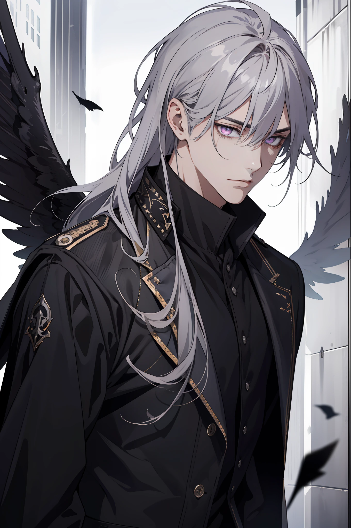 (Highest image quality, tmasterpiece)Long gray hair, purpl eyes, A male, Adult, Dark atmosphere, Western clothing dominated by black, There is a pair of large black wings behind him, Handsome, AS-Adult, Charming facial features, Fallen angels, fanciful,With a gentle expression