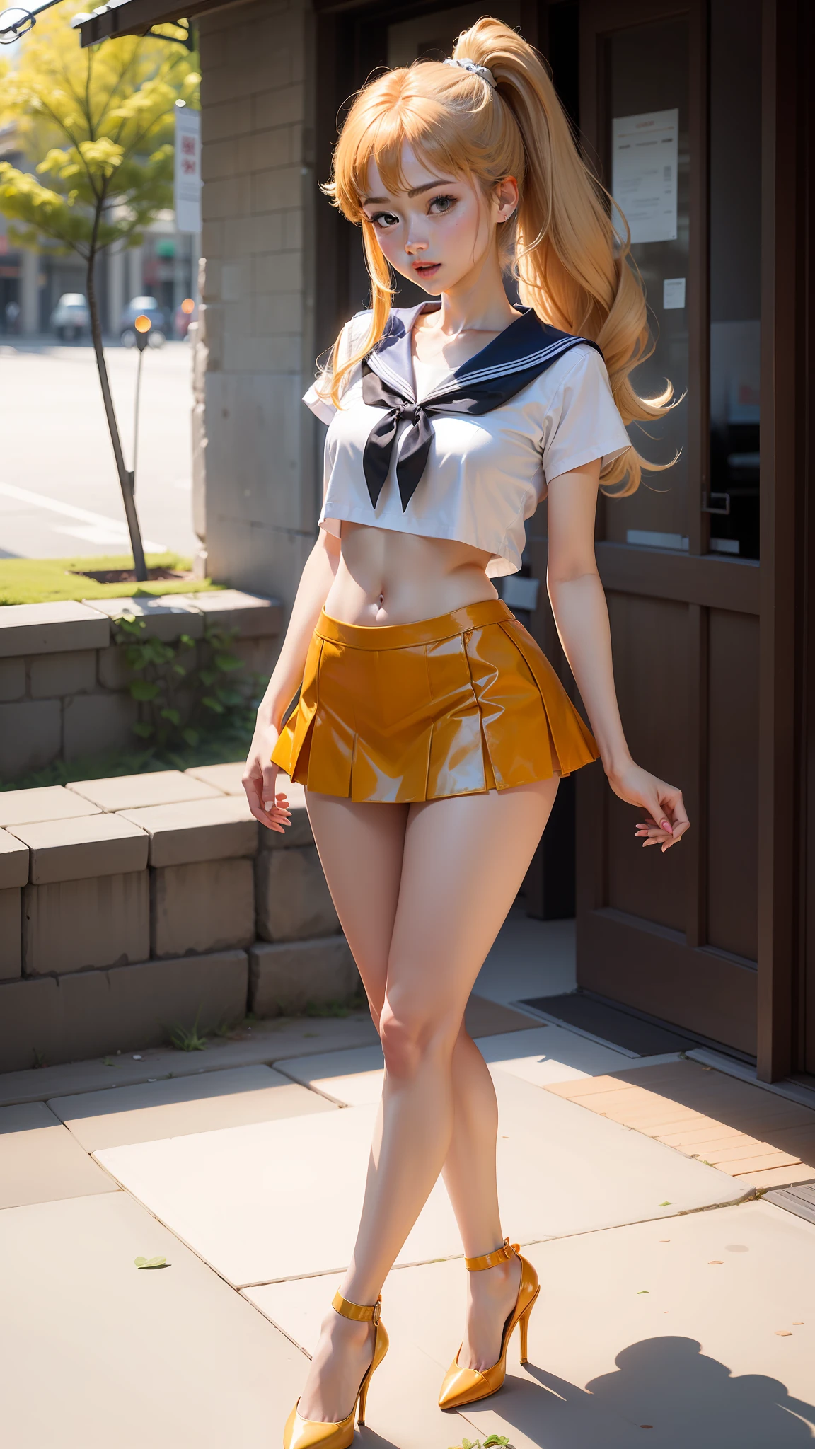 high-level image quality、Beautiful pictures、Beautie、sailorvenus、mini-skirts、poneyTail、japanes、Ultra mini skirt、navel、Pichi Pichi、?、Orange High Heels、kick、White shorts、Sailor Senshi、Sunnyday、healthy、Open your legs wide、Beautiful facial features、Beige stockings