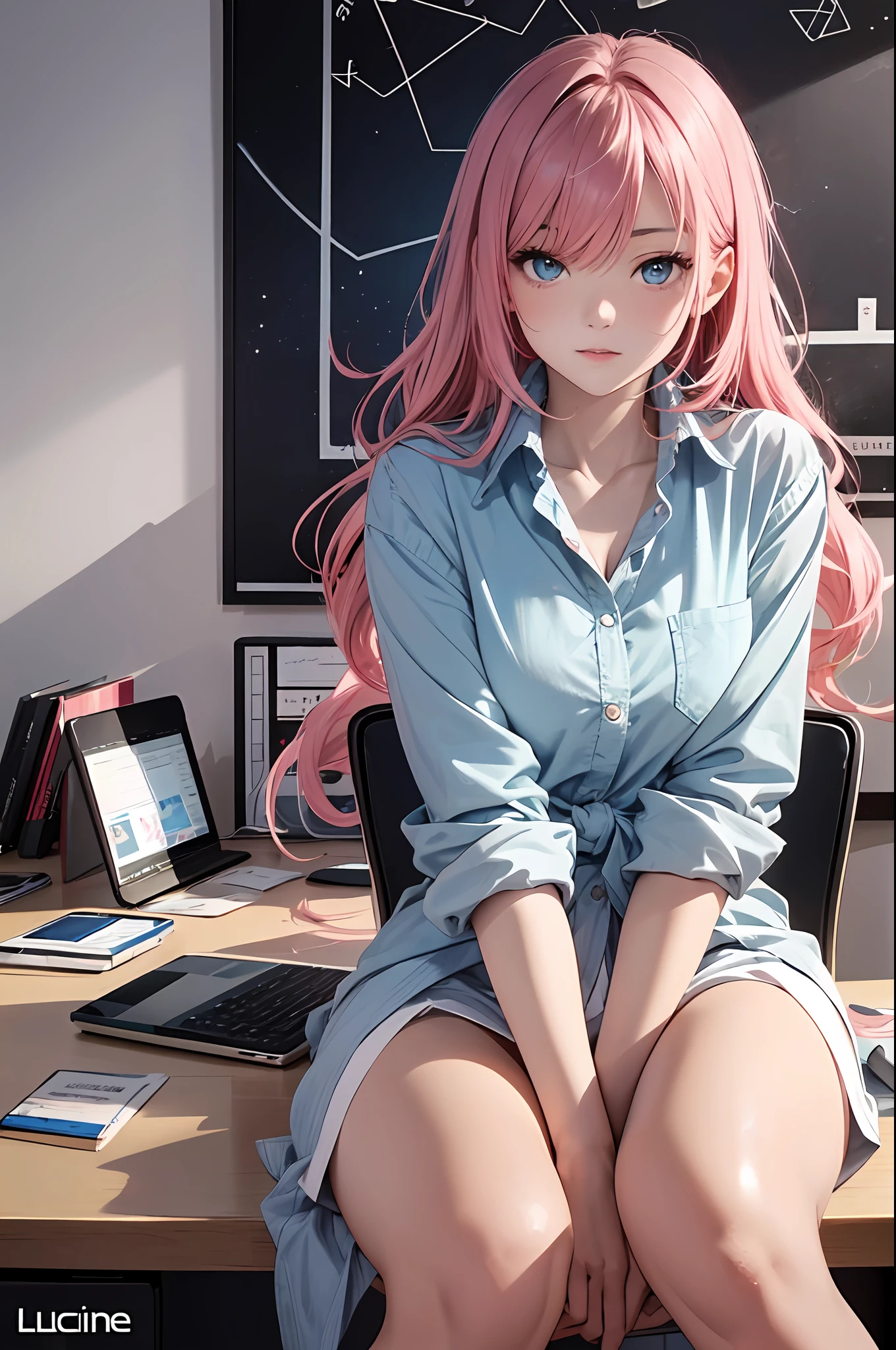 最好质量, Photorealistic, An ultra-fine illustrations, beautiful attractive anime girl, Megurine Luca, Pink hair, Tied hair, only girl, a photo of girl, Full body shot, Beautiful Blue Eyes, Turned, in a office、Sitting at your desk、Women's Suits、