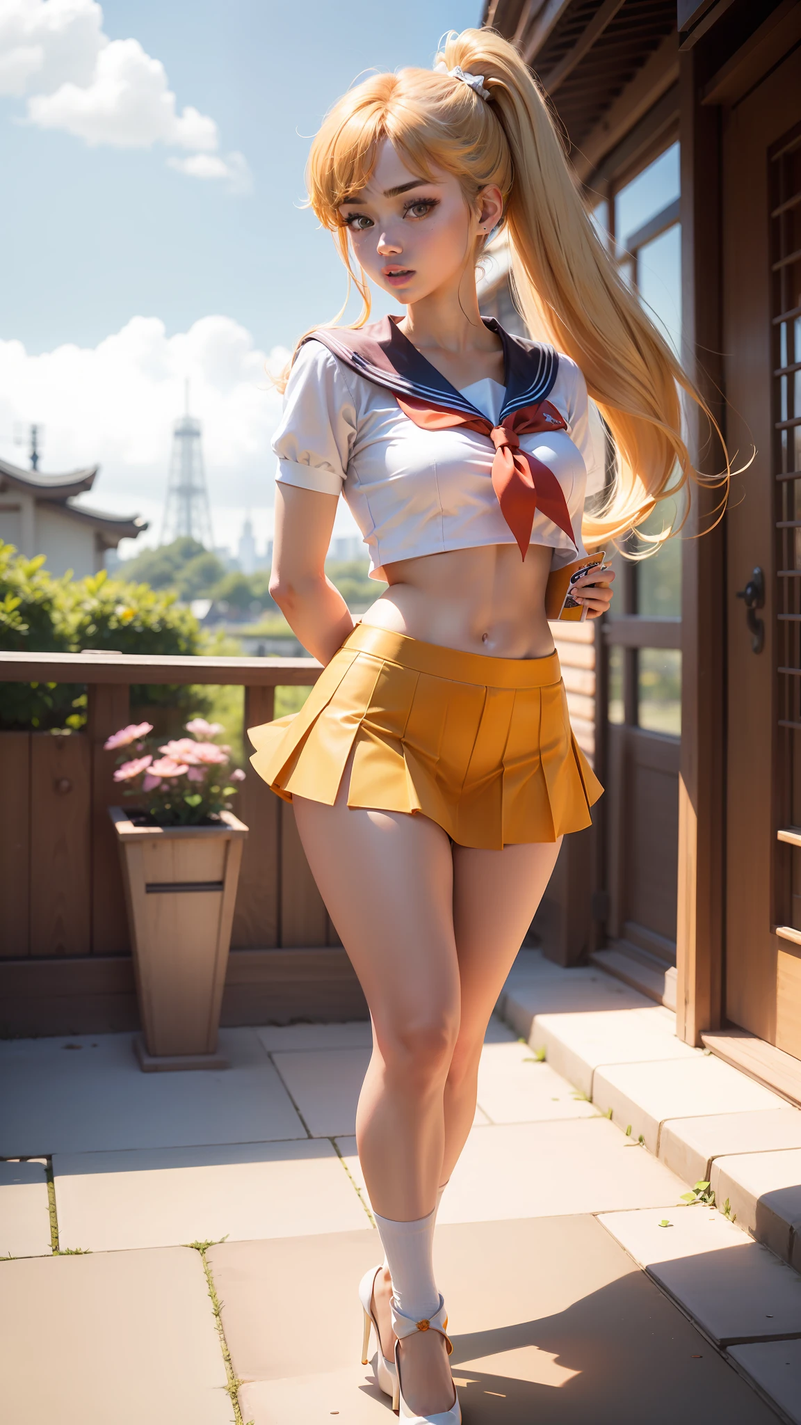 high-level image quality、Beautiful pictures、Beautie、sailorvenus、mini-skirts、poneyTail、japanes、Ultra mini skirt、navel、Pichi Pichi、?17 age old、Orange High Heels、kick、White shorts、Sailor Senshi、Sunnyday、healthy、Open your legs wide、Beautiful facial features、Beige stockings