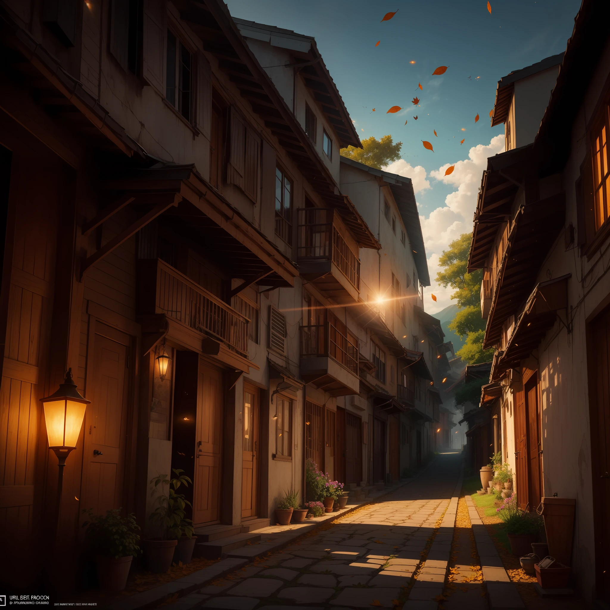 Computer Extensive Landscape Photography (general view, on which you can see the sun, The sky in, The wind blows the leaves and the alley, slums, The wind whirls the leaves), Girl detailing appearance (dark hair) in an old cloak and hood, jumps to the top , dynamicpose, catches leaves, running down the alley and looking up + 1 elderly woman, in an old knee-length dress, In old footwear, dynamic movement, dinamic angle, The Cloud and the Mountain, (flower field: 1.4) In the foreground, gray cloak, Light tracing, (Floating colorful wind: 1) (photo-realistic: 1.4), offcial art, Unity 8k壁纸, Ultra-detailed, Beautiful and aesthetically pleasing, masterpiece, beste-Qualit, luminous skin, 电影灯光, slight smile (daytime, The sky: 1,2), ( Lots of circling leaves: 0,9), (The sun is shining: 1,3), A Distant Mountain , дерево BREAK production art, (Warm light source:1.2), (Firefly:1.2), lamp, a lot of yellow, Orange, Green, intricate details, volumetric lighting BREAK (masterpiece:1.2), (beste-Qualit), 4k, overdetalization , (Dynamic composition: 1.4), Highly detailed, colorful details --auto