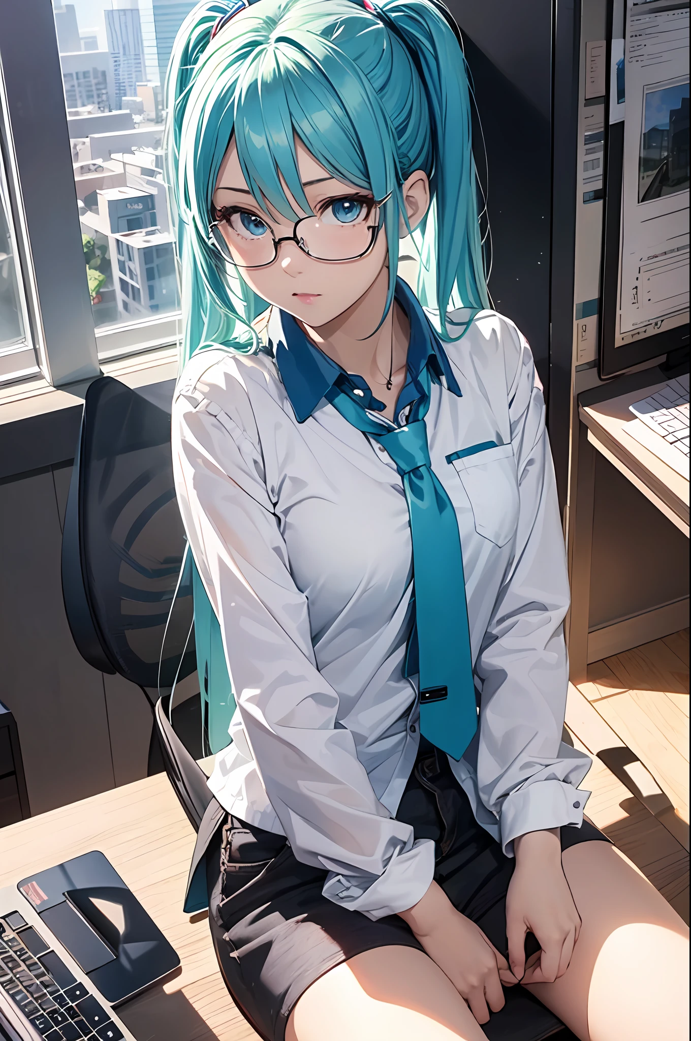 最好质量, Photorealistic, An ultra-fine illustrations, beautiful attractive anime girl, HATSUNEMIKU, Slender body, Tied hair, only girl, a photo of girl, Full body shot, Beautiful Blue Eyes, Turned, in a office、Sitting at your desk、Women's Suits、