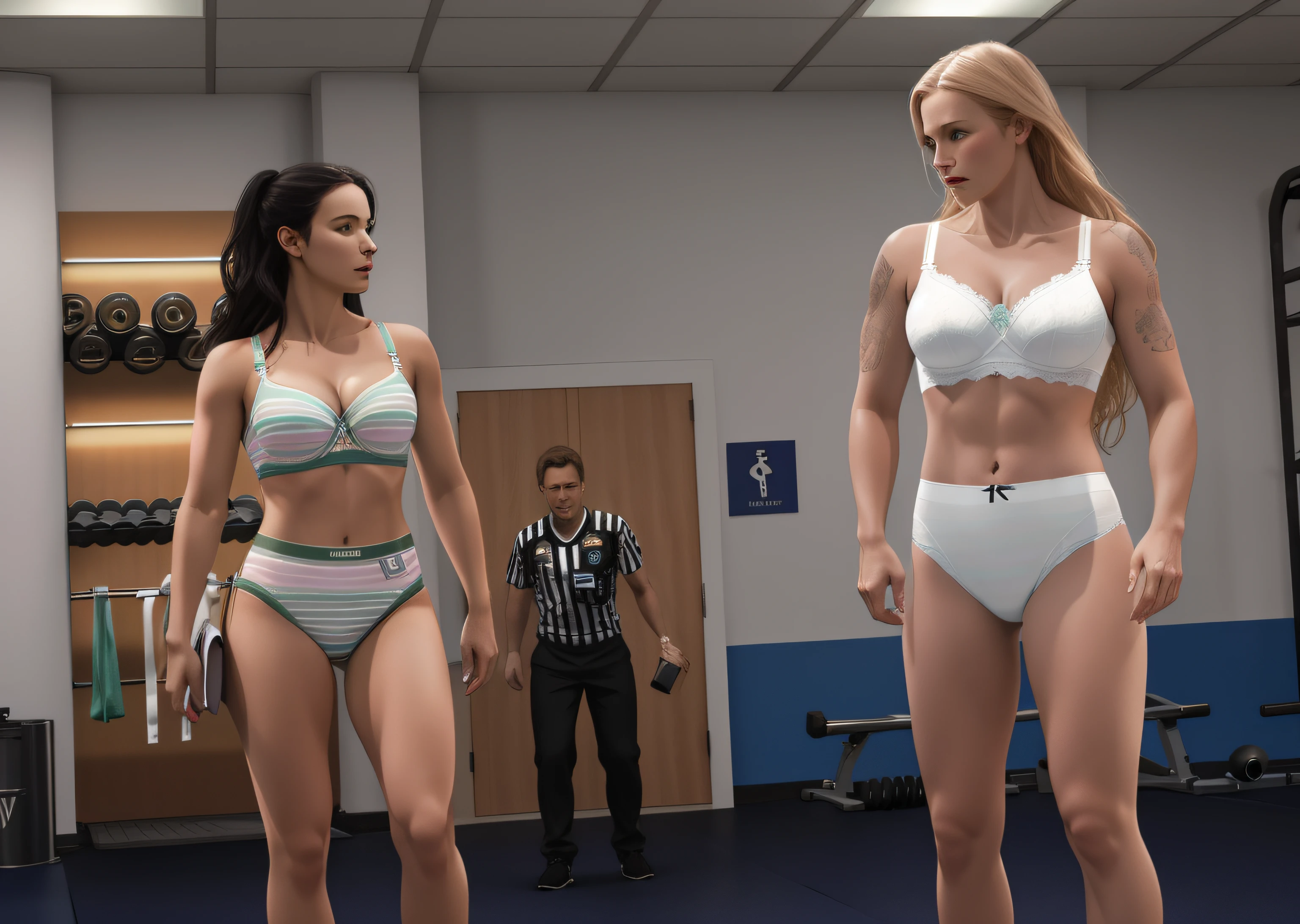 A fit dark haired Caucasian woman on the left, in green and pink striped bra and panties, A buff Norwegian blonde woman on the right, in white bra and white high cut panties, in a gym, referee in the distance, photo realistic, intricate details