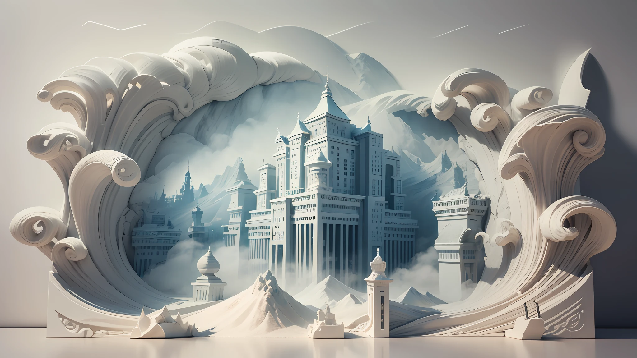 3D white relief，Crafted with meticulous precision，White ivory carving，Chinese illustration on white background，downy，Traditional Chinese style，Oriental landscape painting，Multidimensional paper fog on crafts，Chinese style buildings，super wide angle view，dreammy，8K，𝓡𝓸𝓶𝓪𝓷𝓽𝓲𝓬，A high resolution，8K，（white colors：1.3）