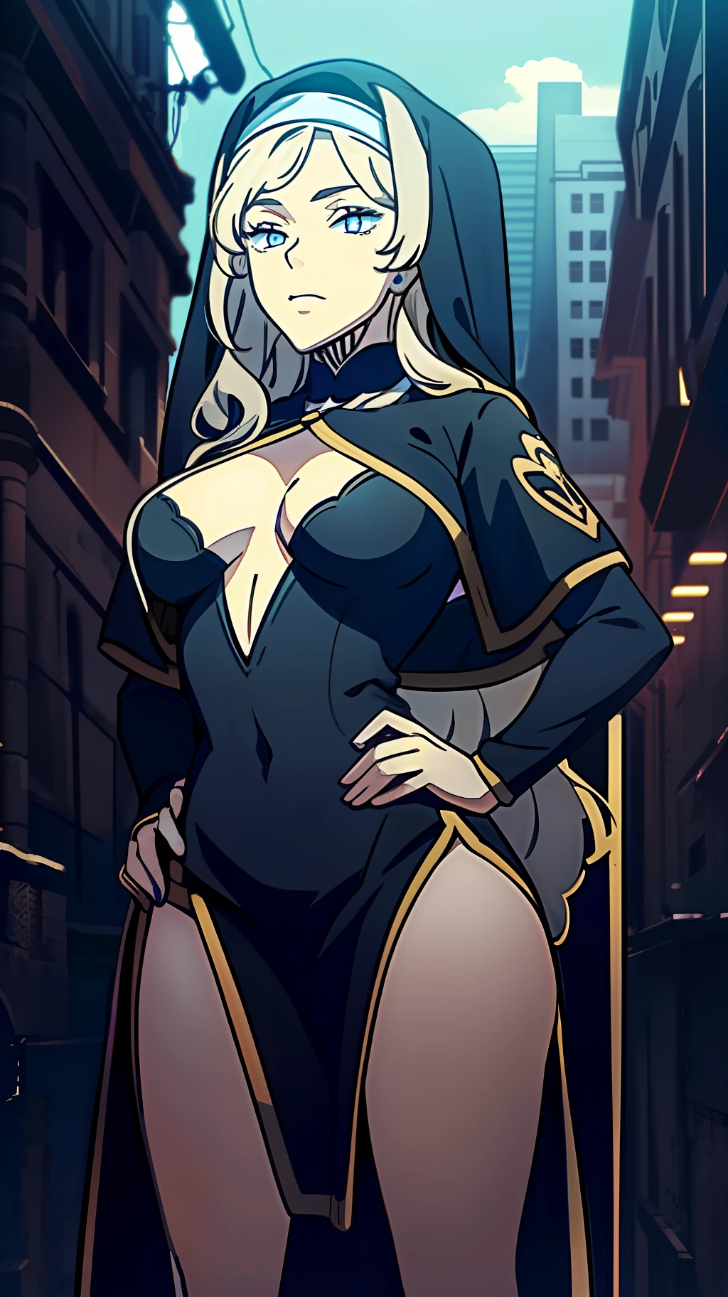 (extremely detailed CG unity 8k wallpaper:1.1),high resolution, detailed body skin, contrast, color, shadows, street background,1girl,nun,long black hair,(blue eyes),medium chest,hands on hips
