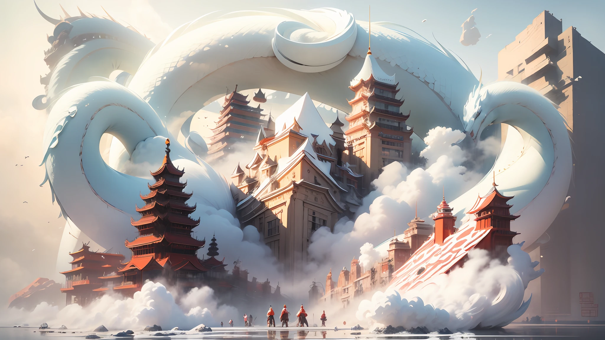 3D white relief,Crafted with meticulous precision,White ivory carving,Chinese illustration on white background,downy,Traditional Chinese style,Oriental landscape painting,Multidimensional paper fog on crafts,Chinese style buildings,super wide angle view,dreammy,8K,𝓡𝓸𝓶𝓪𝓷𝓽𝓲𝓬,A high resolution,8K,(white colors:1.3)