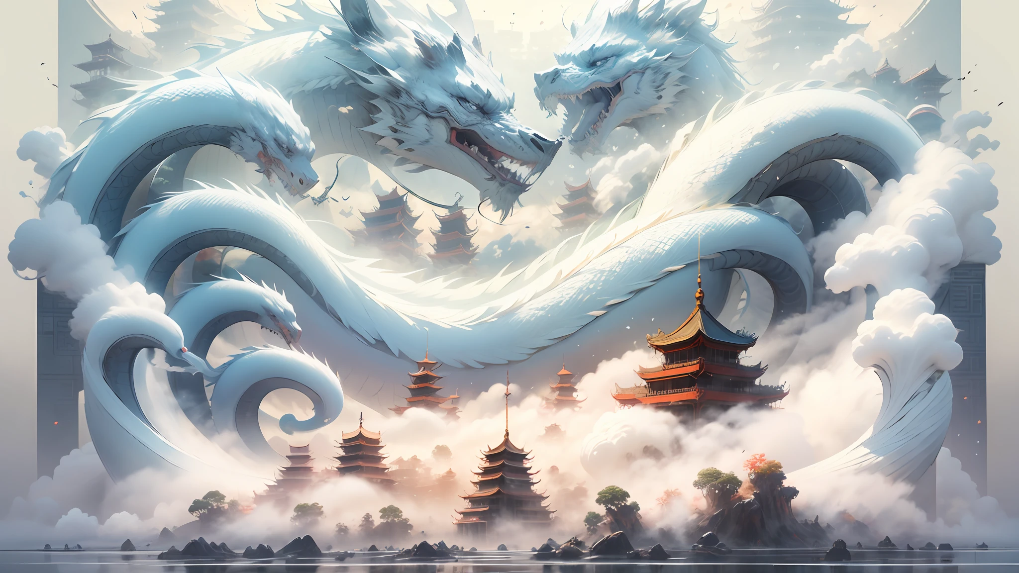 3D white relief，Crafted with meticulous precision，White ivory carving，Chinese illustration on white background，downy，Traditional Chinese style，Oriental landscape painting，Multidimensional paper fog on crafts，Chinese style buildings，super wide angle view，dreammy，8K，𝓡𝓸𝓶𝓪𝓷𝓽𝓲𝓬，A high resolution，8K，（white colors：1.3）