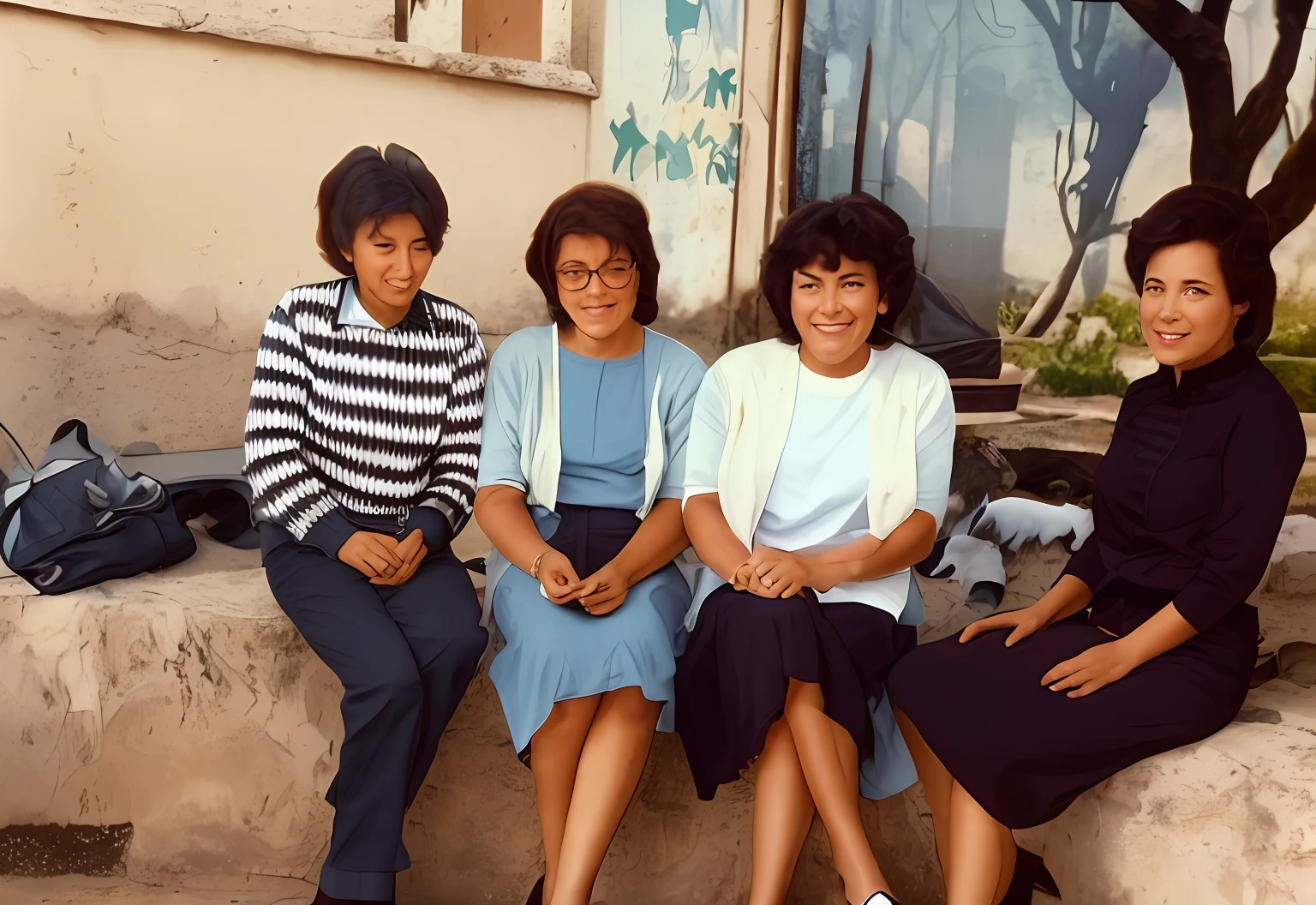 three women sitting on a bench with a dog in the background, taken in the 1970s, foto 1960, imagem granulada, taken in the late 1970s, taken in the early 1970s, imagem antiga, foto dos anos 70, foto do 7 0 s, digitalizado em, unknown location