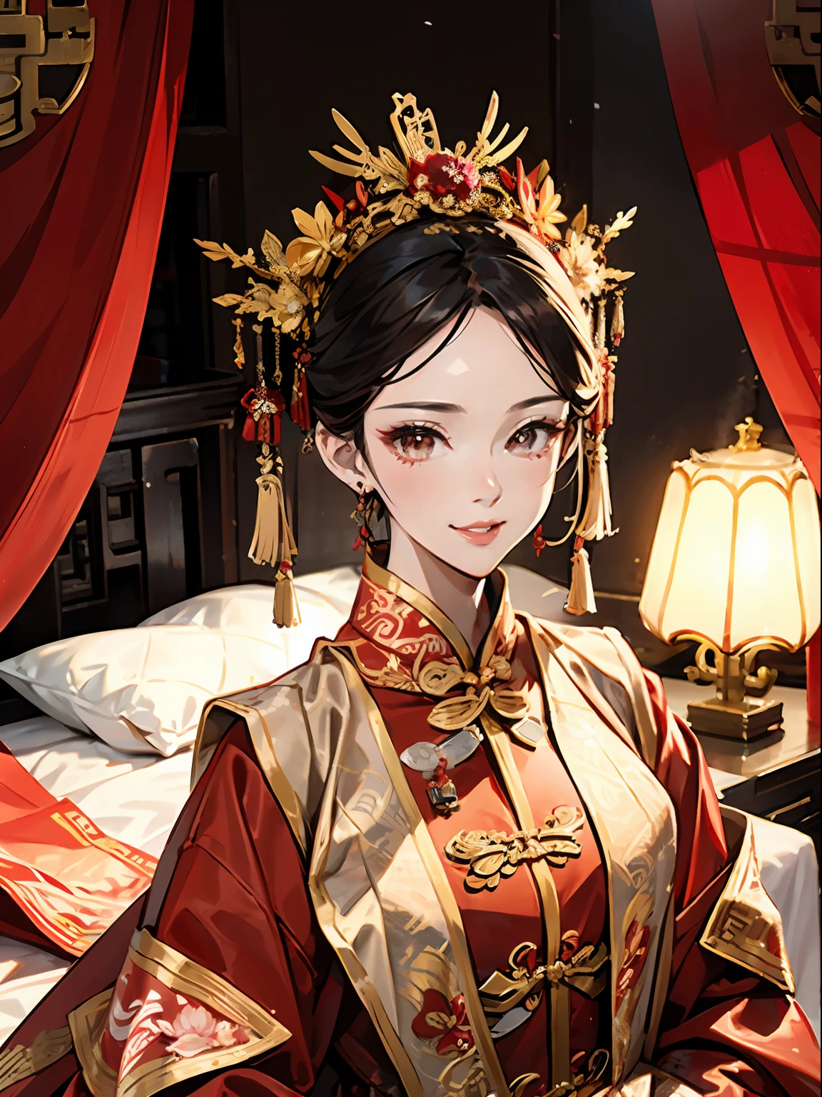 1womanl+1 man,1 woman,red color Hanfu,Red Chinese wedding dress,((Black coiled hair))Gold eyes,1 man,red color Hanfu,Red Chinese wedding dress,Stand face to face,Faraway view,Bright lighting,Wears a gold coat on his head,gold earring,ssmile,Stand in the room,a backdrop of:Ancient Chinese wedding room,