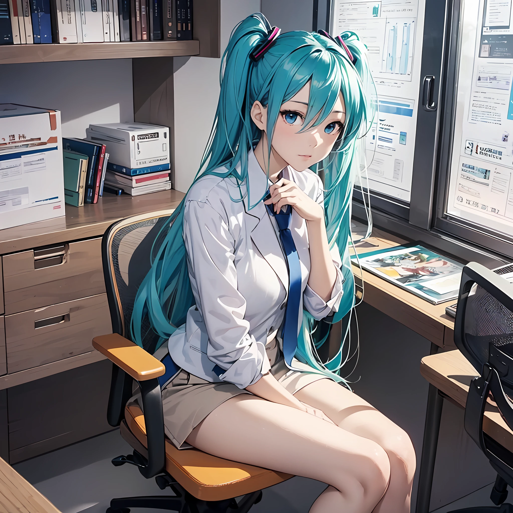 最好质量, Photorealistic, An ultra-fine illustrations, beautiful attractive anime girl, HATSUNEMIKU, Slender body, Tied hair, only girl, a photo of girl, Full body shot, Beautiful Blue Eyes, Turned, in a office、Sitting at your desk、Simple women's suits、
