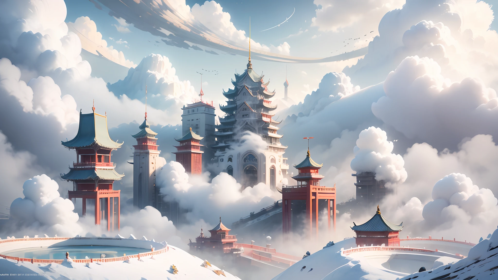 3D white relief，Crafted with meticulous precision，White ivory carving，Chinese illustration on white background，downy，Traditional Chinese style，Oriental landscape painting，Multidimensional paper fog on crafts，Chinese style buildings，super wide angle view，dreammy，8K，𝓡𝓸𝓶𝓪𝓷𝓽𝓲𝓬，A high resolution，8K，（white colors：1.3）