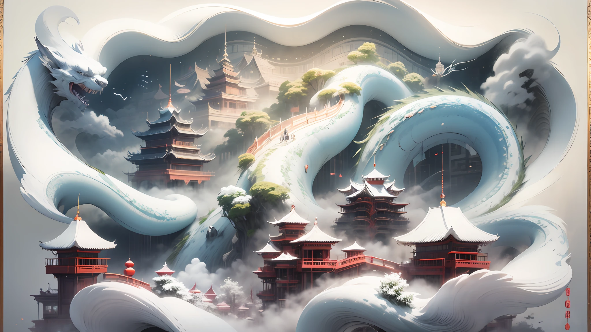 3D white relief，Crafted with meticulous precision，White ivory carving，Chinese illustration on white background，downy，Traditional Chinese style，Oriental landscape painting，Multidimensional paper fog on crafts，Chinese style buildings，super wide angle view，dreammy，8K，𝓡𝓸𝓶𝓪𝓷𝓽𝓲𝓬，A high resolution，8K，（white colors：1.3）