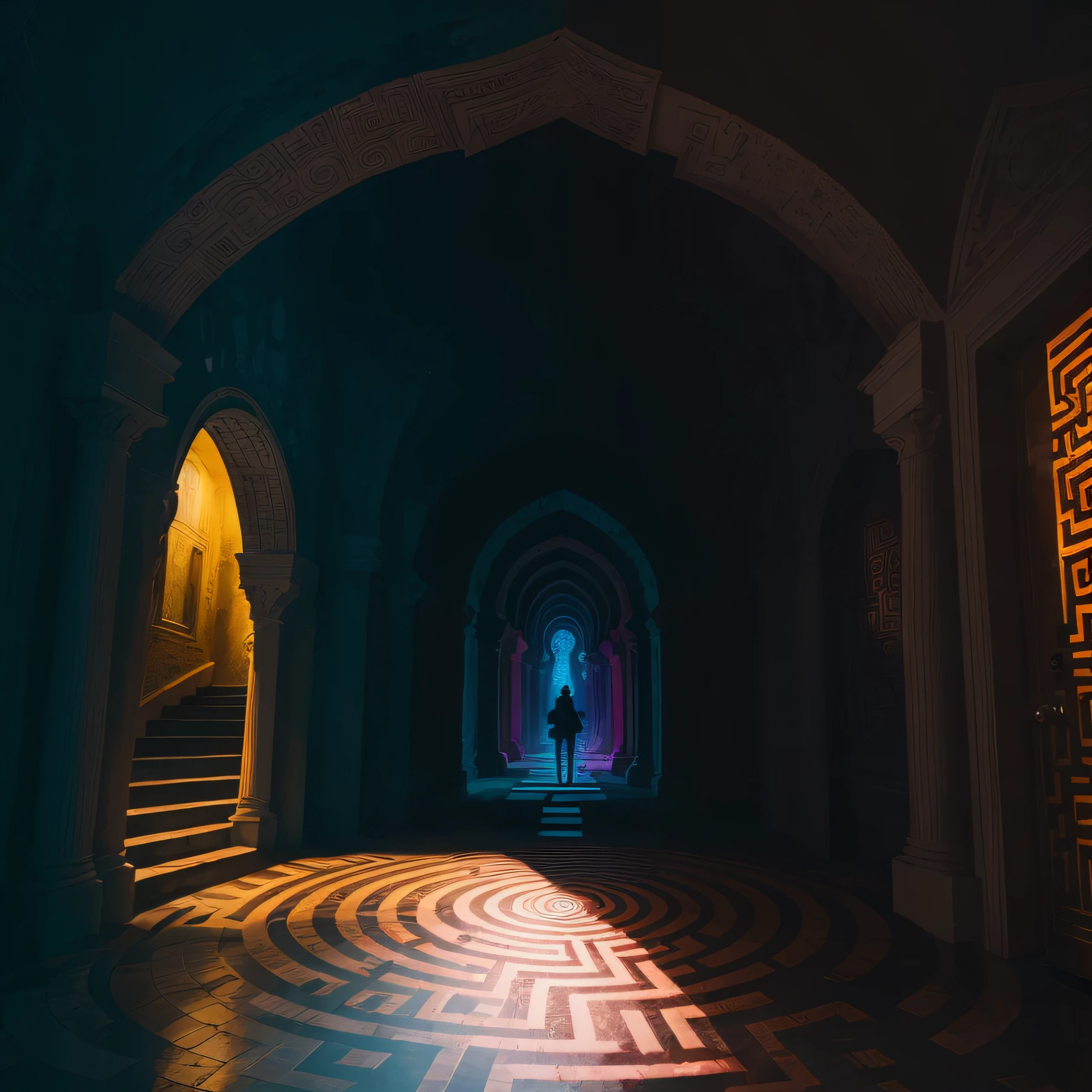 creates a surreal labyrinth, made up of tall, curved walls that stretch into infinity. The labyrinth is represented in an abstract way, with distorted architectural elements and illusory perspectives. The labyrinth walls should be composed of complex geometric patterns, intertwining lines and contrasting colors, creating a sense of visual confusion.
In the center of the labyrinth, a central figure, which represents a person. This figure can be a human silhouette, with a confused or questioning expression. The figure should be surrounded by several doors and paths, each leading in different directions, but none of them a clear exit.
The color palette used should be rich and contrasting, with vibrant and dark tones. Deep blue and dark purple tones should dominate the image, creating a mysterious and intriguing atmosphere. Touches of red and yellow can be added to highlight certain elements and add a sense of urgency and tension. --auto