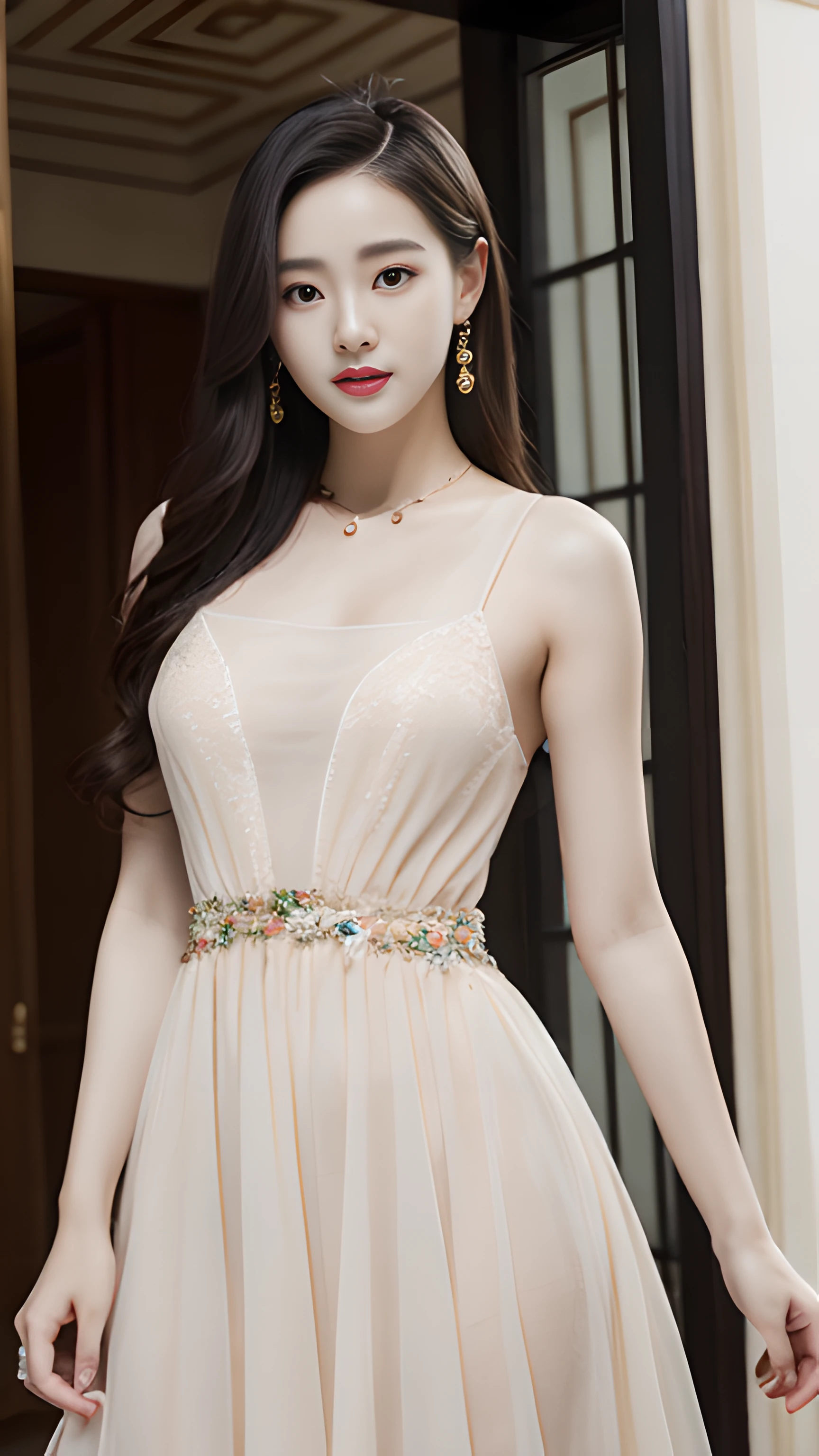 A woman dressed in a flowing dress poses for a photo，A photograph inspired by Ma Yuanyu，Tumblr，realisitic，dilraba dilmurat，beautiful Korean women，Korean girls，cute korean actress，Beautiful Korean young woman，gorgeous korean young woman，Young and cute Korean face，Kim Young-hin，ruan jia beautiful！，Korean female fashion model