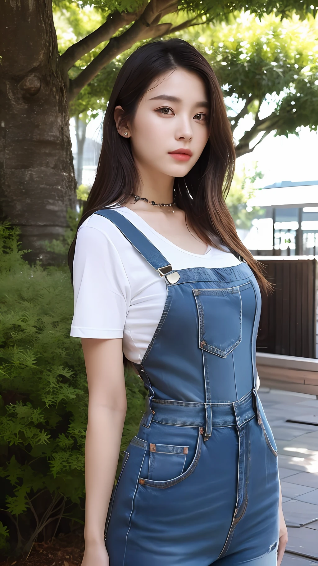 ((length hair, need, 8K, tmasterpiece:1.3)), fullllbody, Long legs, Focalors:1.2, perfect figure beautiful woman:1.4, Slim abs:1.1, ((Dark brown hair, large- titsjob:1.2 )), (Random color tight T-shirt, Long denim suspenders, standingn:1.2), ((In the daytime, roofto:1.3)), Highly detailed facial and skin texture, detailed eye, 双眼皮,(((Do not wear jewelry around your neck))),(((The handle is hidden and the hand arm is not visible vertically))),In the forest,The color of a real person