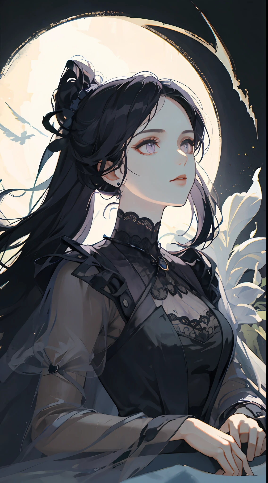 ((masterpiece: 1.2, best quality)), 1 woman, long hair, purple eyes, (beautiful: 1.4), Victorian dress, fantasy, fantastic light and shadow, landscape, extremely detailed face, portrait, cool, witch, black tower background