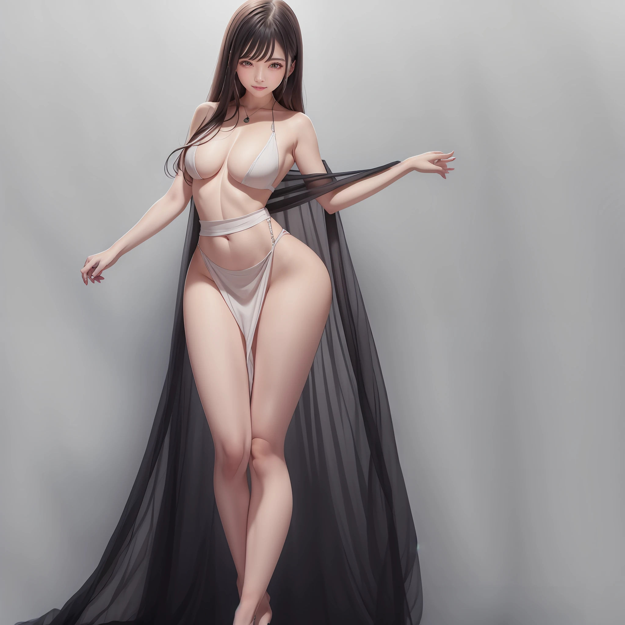 Skirt that wraps hips，blackstockings，Tall woman，White gauze dress，squating，Open legs