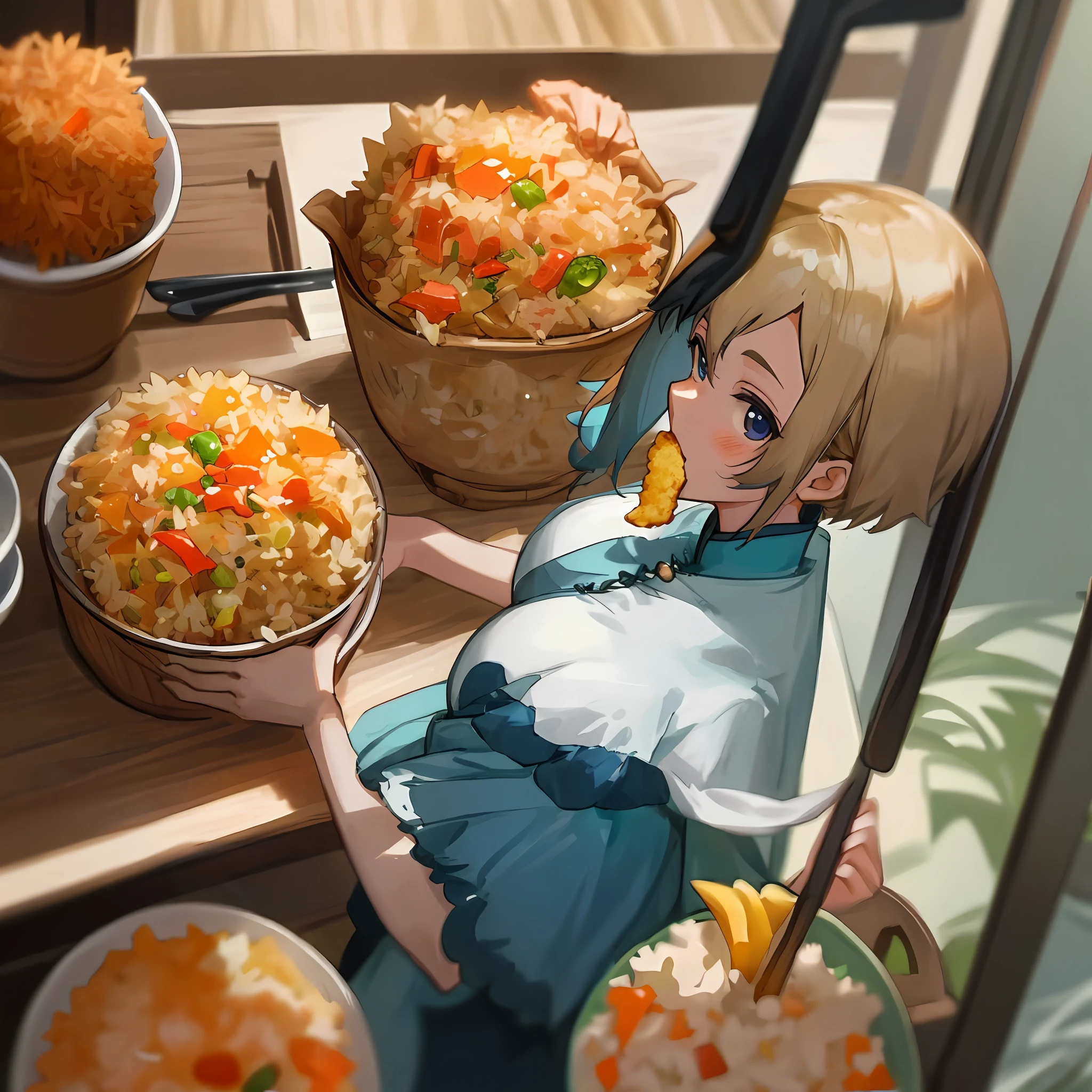 1个Giant Breast Girl， Room Wear， eats， 独奏， fried rice， peeping at the viewer，Nudie，Lori