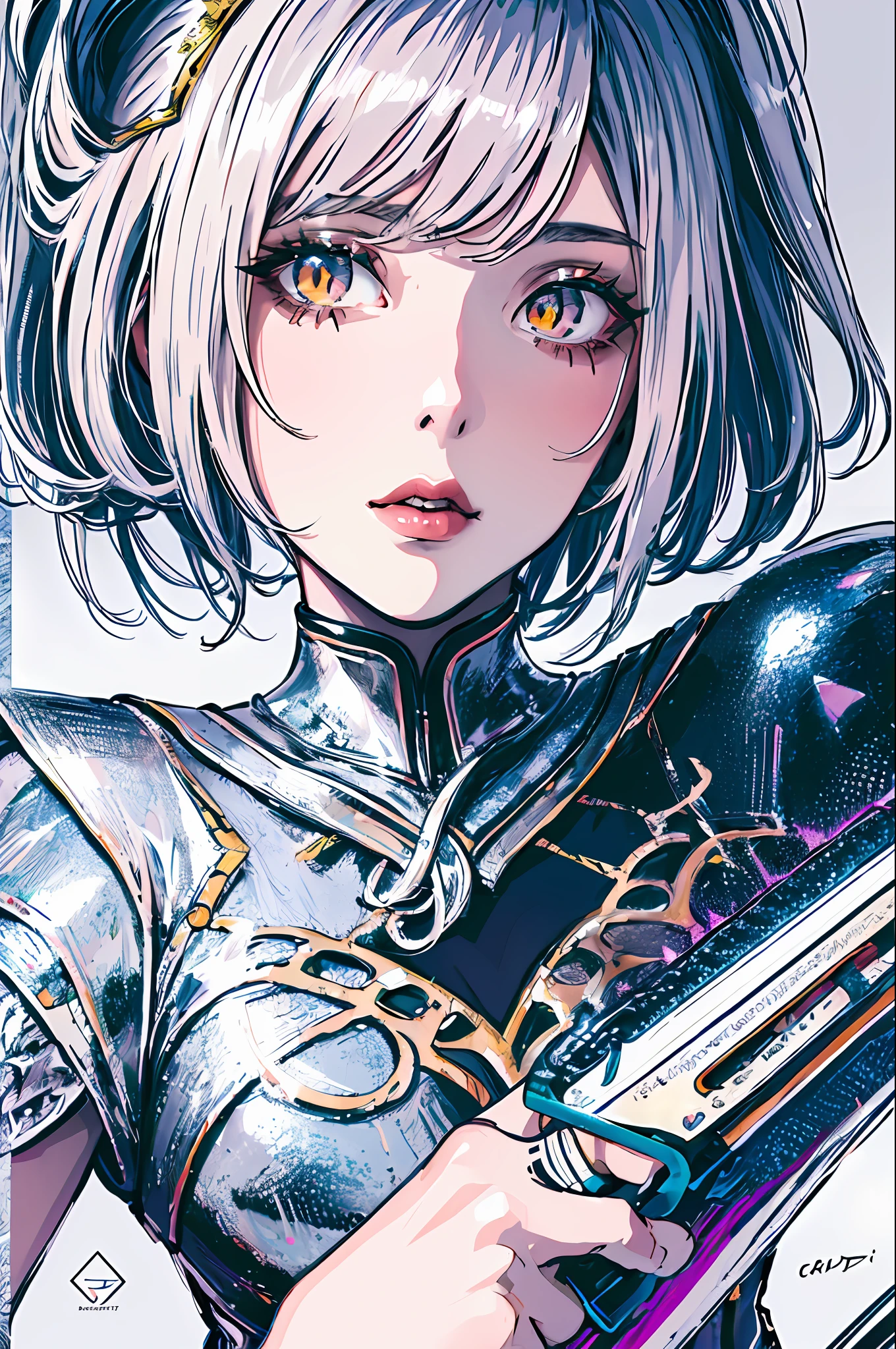 (masterpiece, top quality, best quality, official art, beautiful and aesthetic:1.2), cateyes,1girl, solo, armour, magic, light particles, upper body, extreme detailed, highest detailed, optical mixing, playful patterns, lively texture, unique visual effect