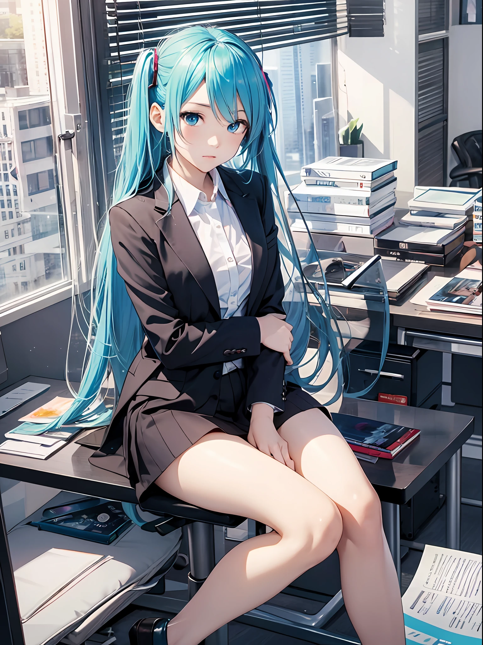 最好质量、Photorealistic、An ultra-fine illustrations、beautiful attractive anime girl、HATSUNEMIKU、Slender body、Tied hair、only girl、a photo of girl、Full body shot、Beautiful Blue Eyes、Turned、in a office、Sitting at your desk、Simple women's suits、blacksuit、