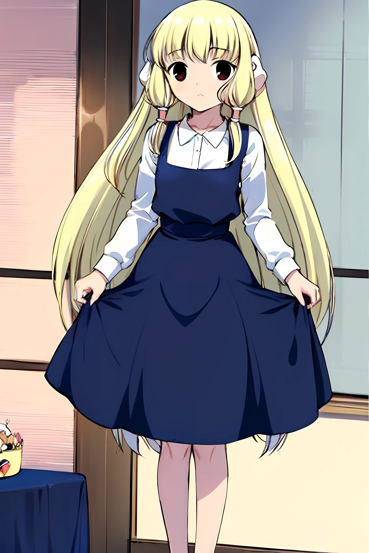 One wears thinly dressed，Wearing a white sports suspender，Cute loli