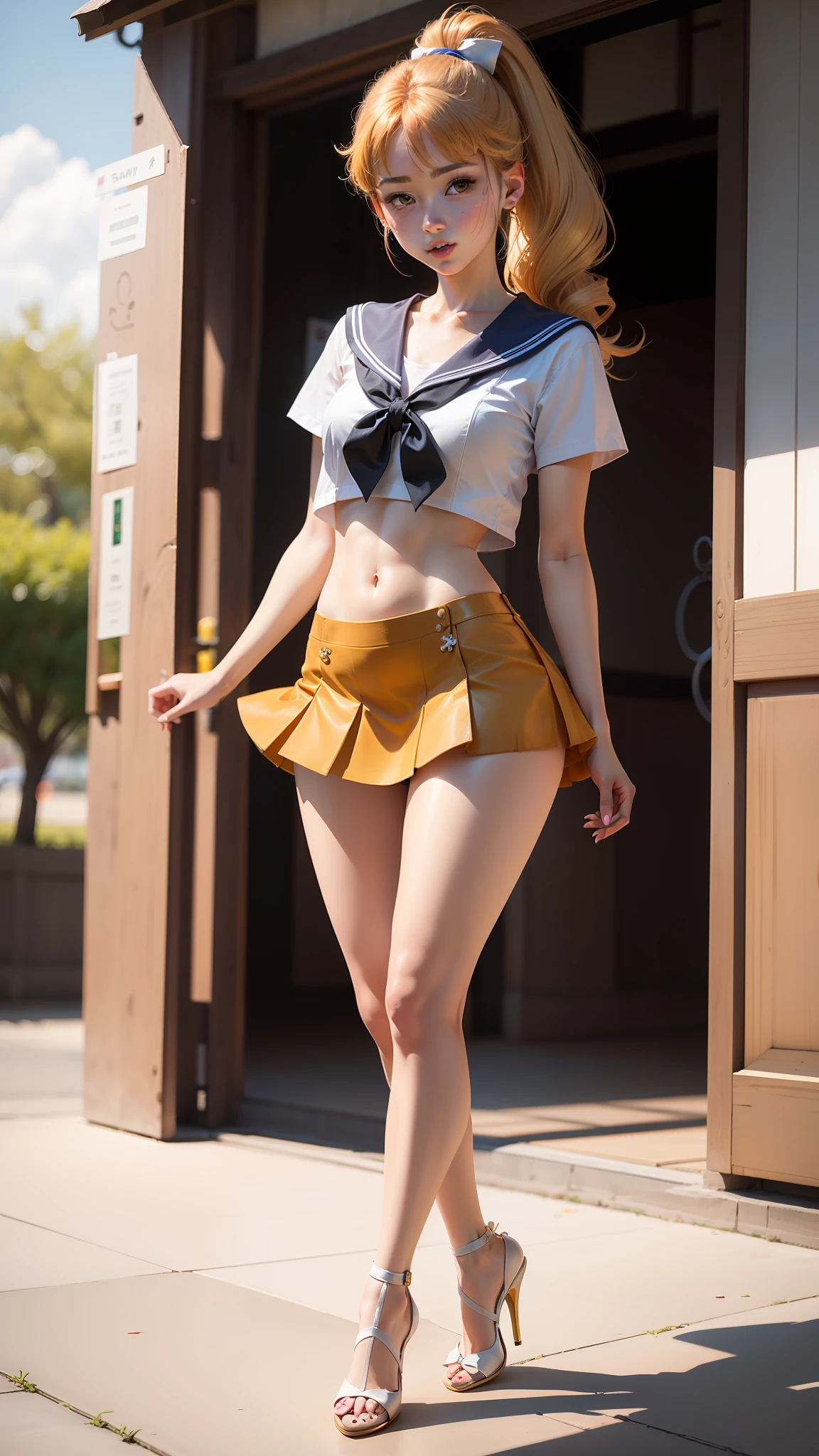 high-level image quality、Beautiful pictures、Beautie、sailorvenus、mini-skirts、poneyTail、japanes、Ultra mini skirt、navel、Pichi Pichi、?17 age old、Orange High Heels、kick、White shorts、Sailor Senshi、Sunnyday、healthy、Open your legs wide、Beautiful facial features、Beige stockings