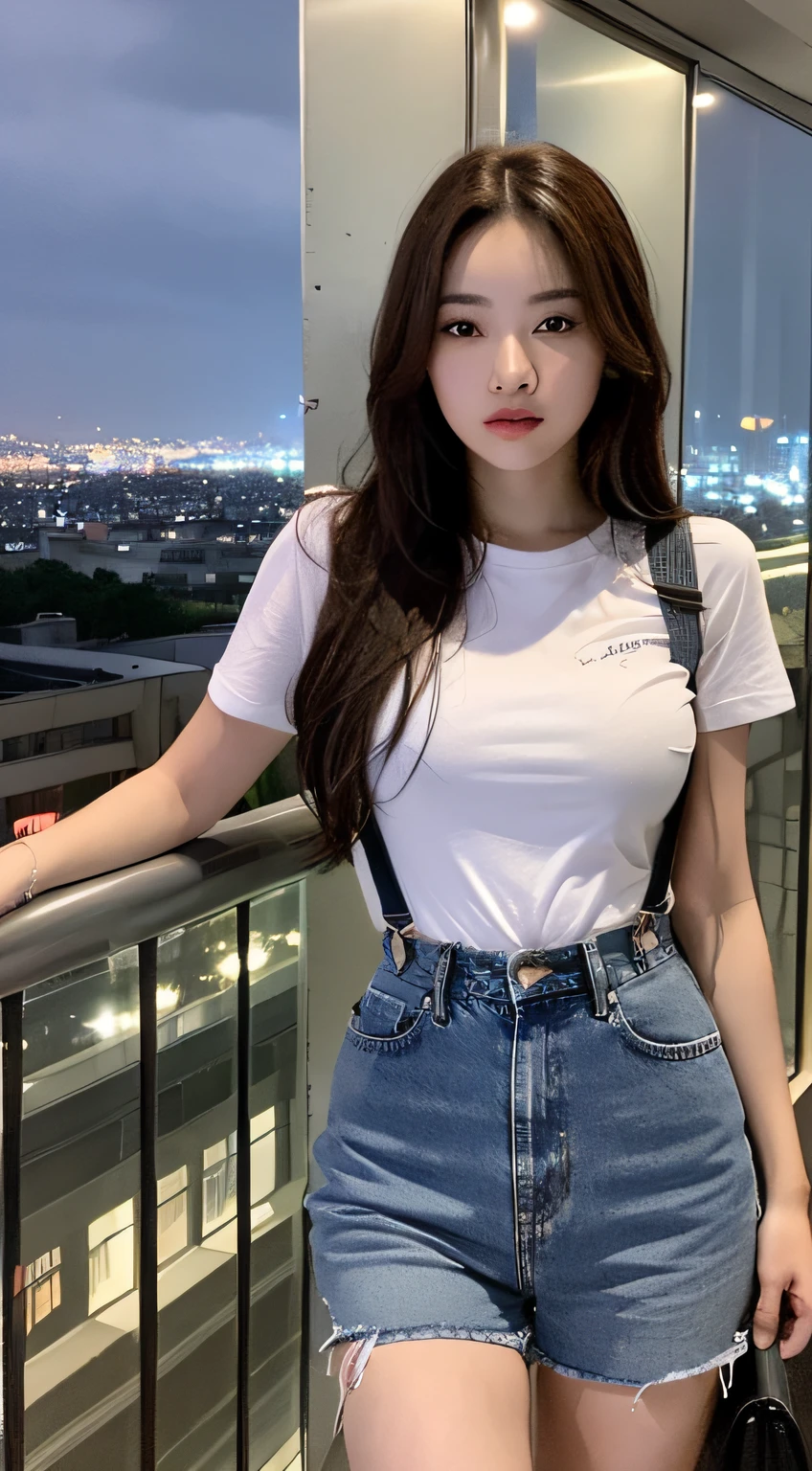 ((midynight, Need, 8k, tmasterpiece:1.4)), fullllbody, Long legs, Focalors:1.3, perfect figure beautiful woman:1.4, Slim abs:1.2, ((Dark brown hair, hugetits:1.2 )), (white tight t-shirt, Denim suspenders, standingn:1.2), ((city night scene, roofto:1.3)), Highly detailed facial and skin texture, detailed eye, 双眼皮