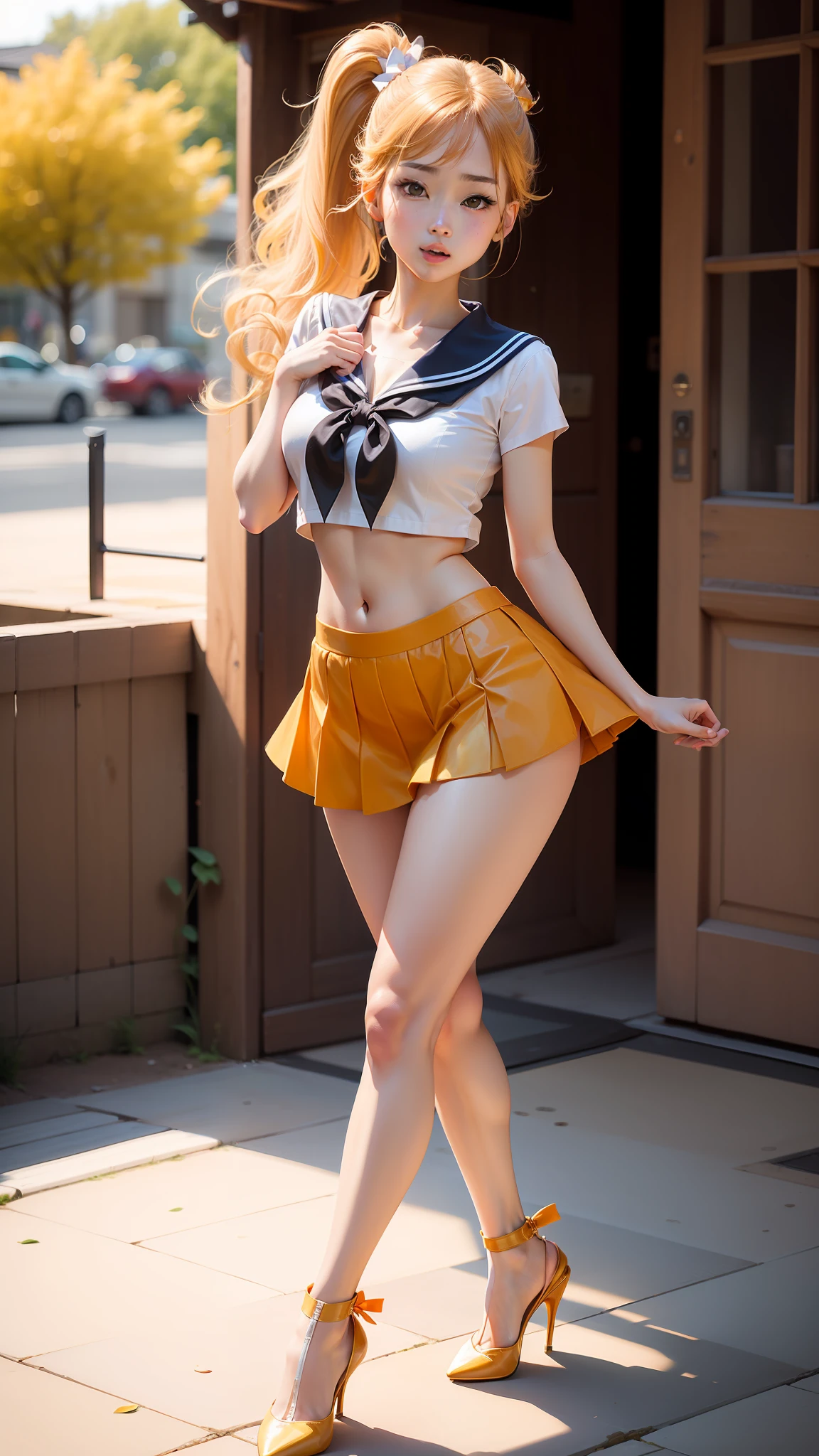 high-level image quality、Beautiful pictures、Beautie、sailorvenus、mini-skirts、poneyTail、japanes、Ultra mini skirt、navel、Pichi Pichi、?17 age old、Orange High Heels、kick、White shorts、Sailor Senshi、Sunnyday、healthy、Open your legs wide、Beautiful facial features、Beige stockings