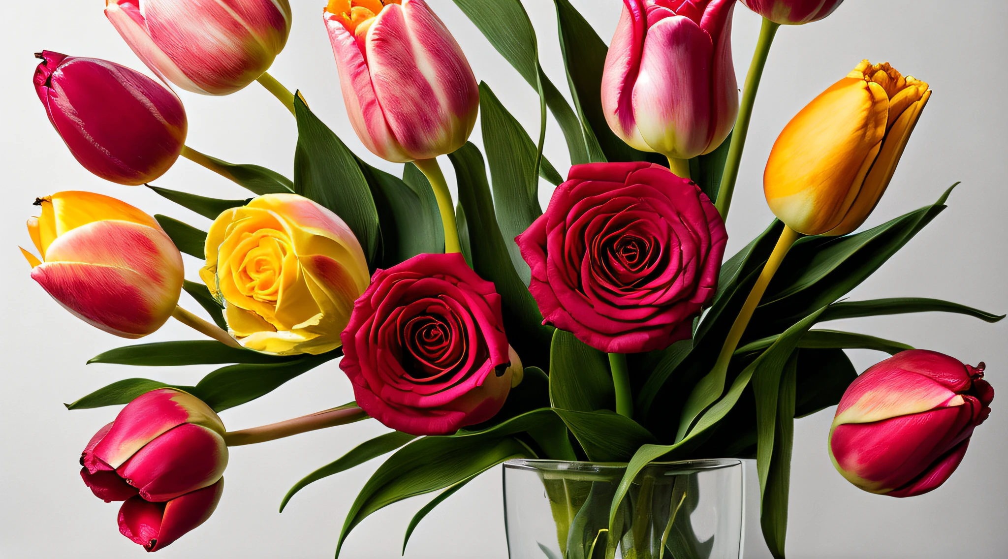 Vivid and detailed light king tulips and roses on white background,Designed by Martin Johnson Heade of ArtStation