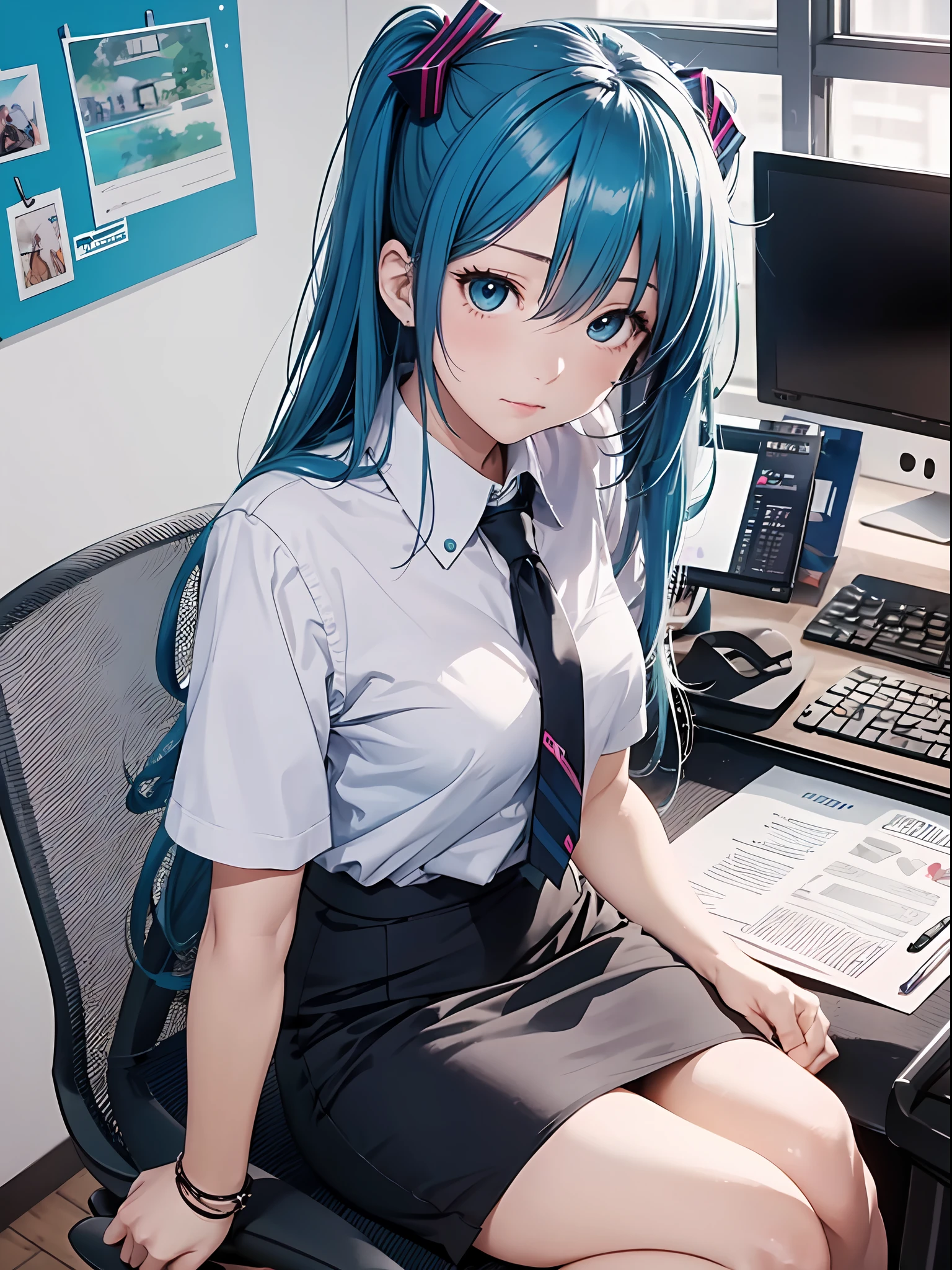 最好质量、Photorealistic、An ultra-fine illustrations、beautiful attractive anime girl、HATSUNEMIKU、Slender body、Tied hair、only girl、a photo of girl、Full body shot、Beautiful Blue Eyes、Turned、in a office、Sitting at your desk、Simple women's suits、pencil skirts、