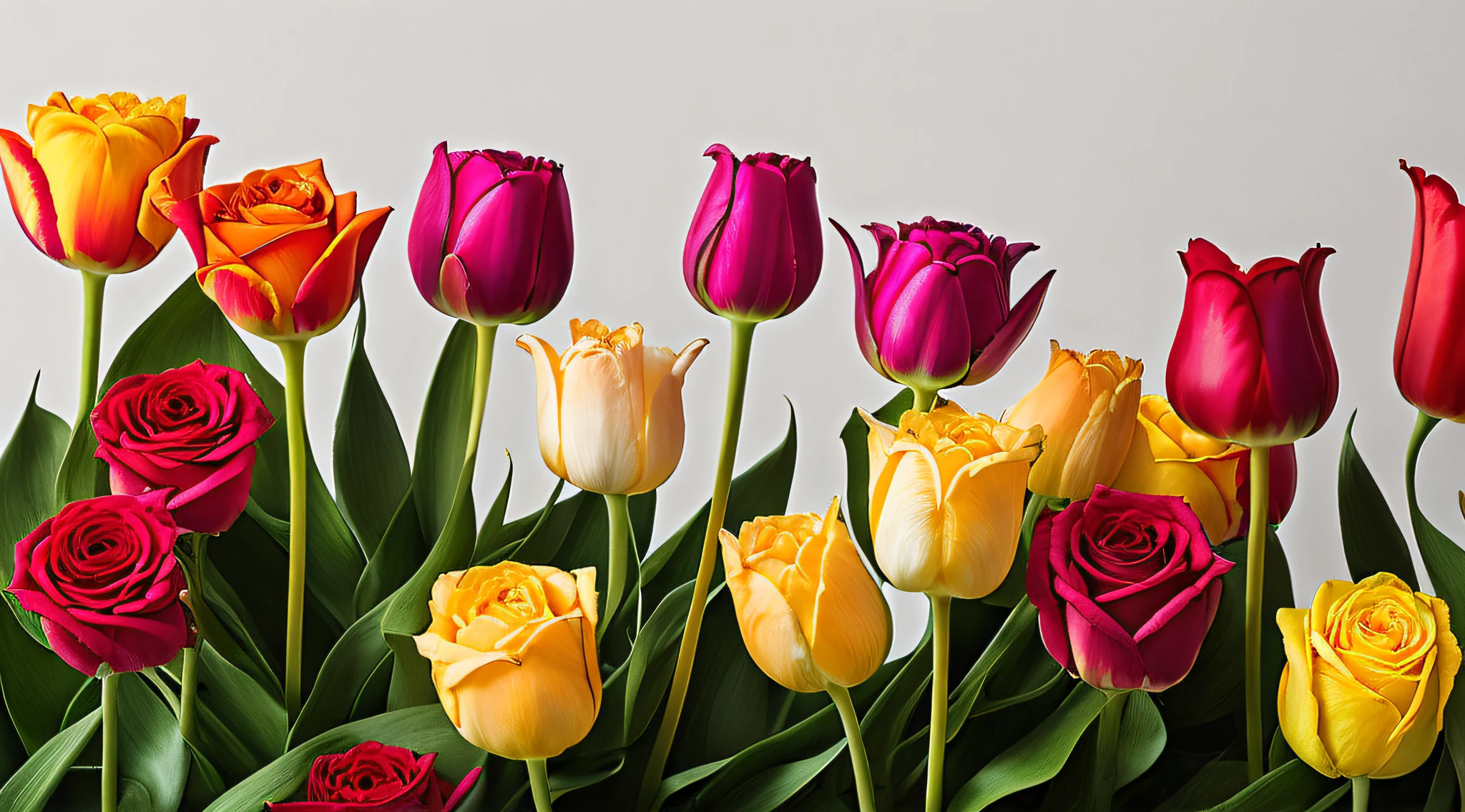 Vivid and detailed light king tulips and roses on white background，Designed by Martin Johnson Heade of ArtStation