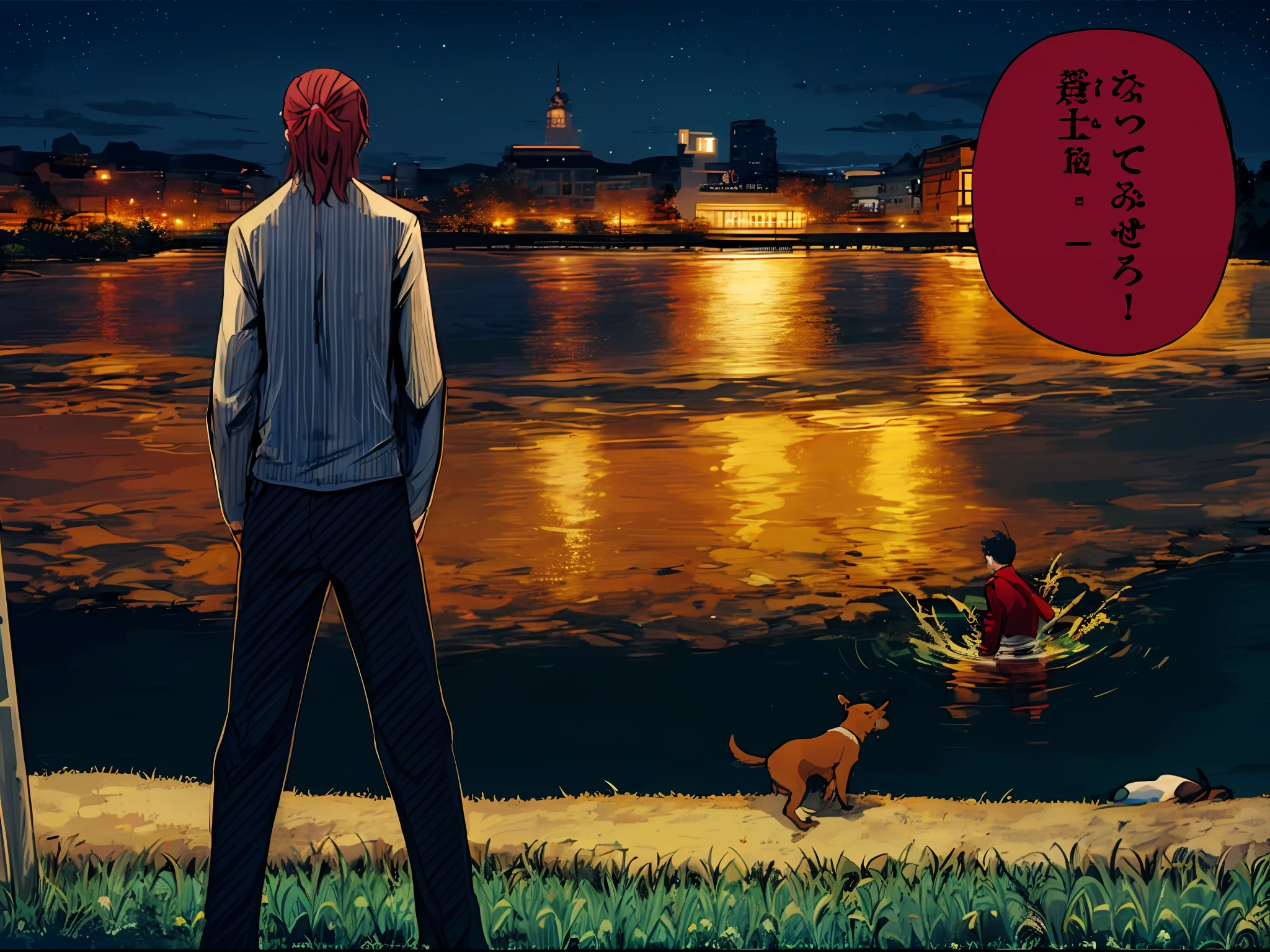 a anime of a boy and a dog from back, behind, sink, river, city, night, drowned in the river, color manga, manga color, color manga, color manga panel, simple background