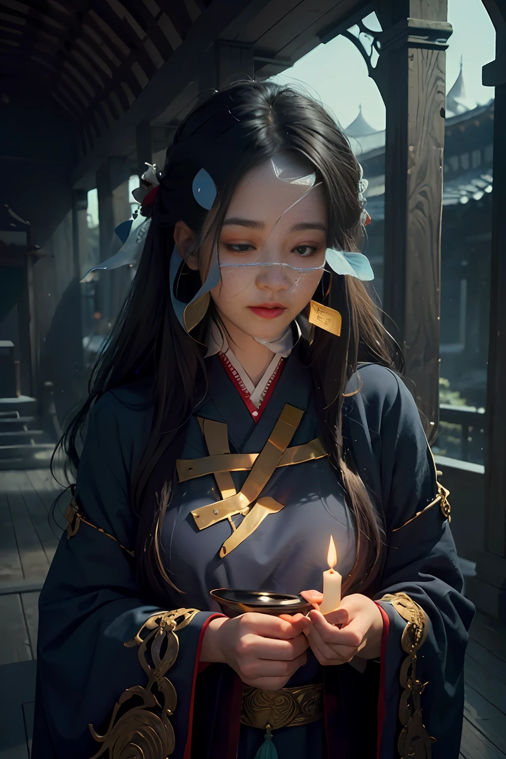 (1girl:1.3),solo,__body-parts__,
official art, unity 8k wallpaper, ultra detailed, beautiful and aesthetic, beautiful, masterpiece, best quality,Fantastical Atmosphere, Calming Palette, Tranquil Mood, Soft Shading,
Miko priestess, charm spell, talisman familiar, shrine maiden duties,