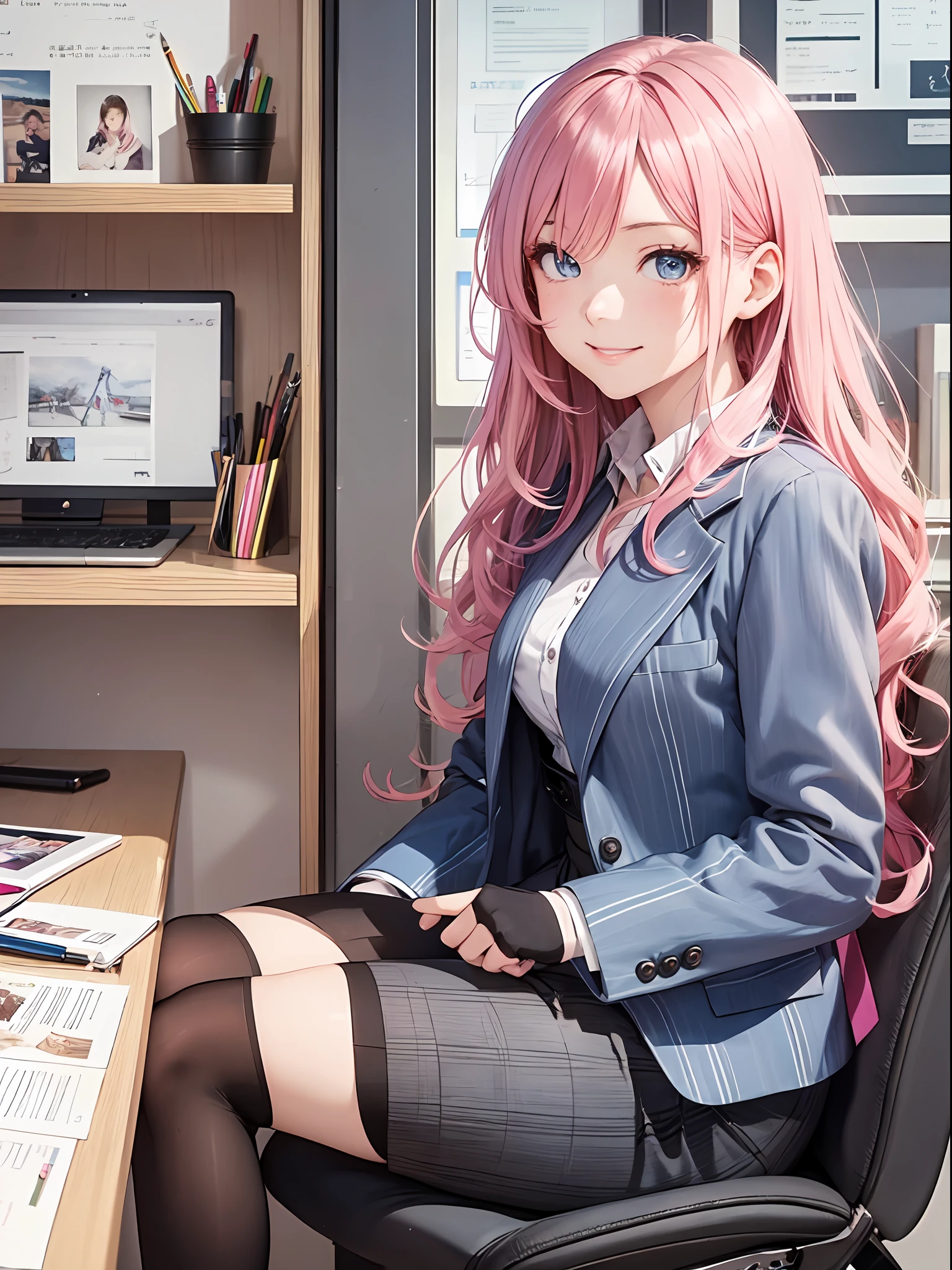 最好质量、Photorealistic、An ultra-fine illustrations、beautiful attractive anime girl、Megurine Luca、Pink hair、Tied hair、only girl、a photo of girl、Full body shot、Beautiful Blue Eyes、Turned、in a office、Sitting at your desk、Simple women's suits、pencil skirts、a smile、