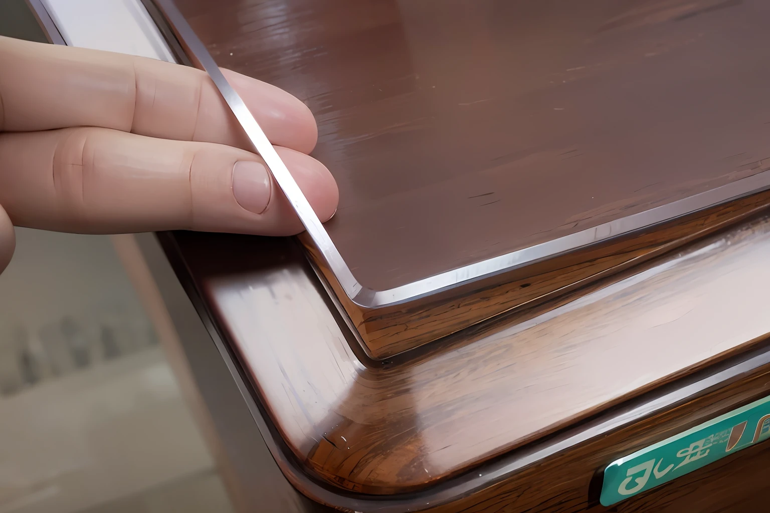 someone is holding a piece of paper on a wooden table, Clear edges, beveled edges, displayed on mahogany desk, smooth bevels, close angle, polished with visible wood grain, close up angle, embedded in clear epoxy, clear curvy details, bottom angles, hand lying on table, ultra clear material, back of hand on the table, clear detailed view