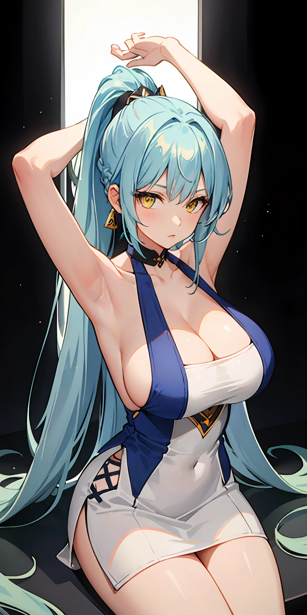 Light blue hair, long hair, yellow eyes, massive boobs, collarbone, ponytail, bare shoulder, short dress, sitting, arms up, armpits