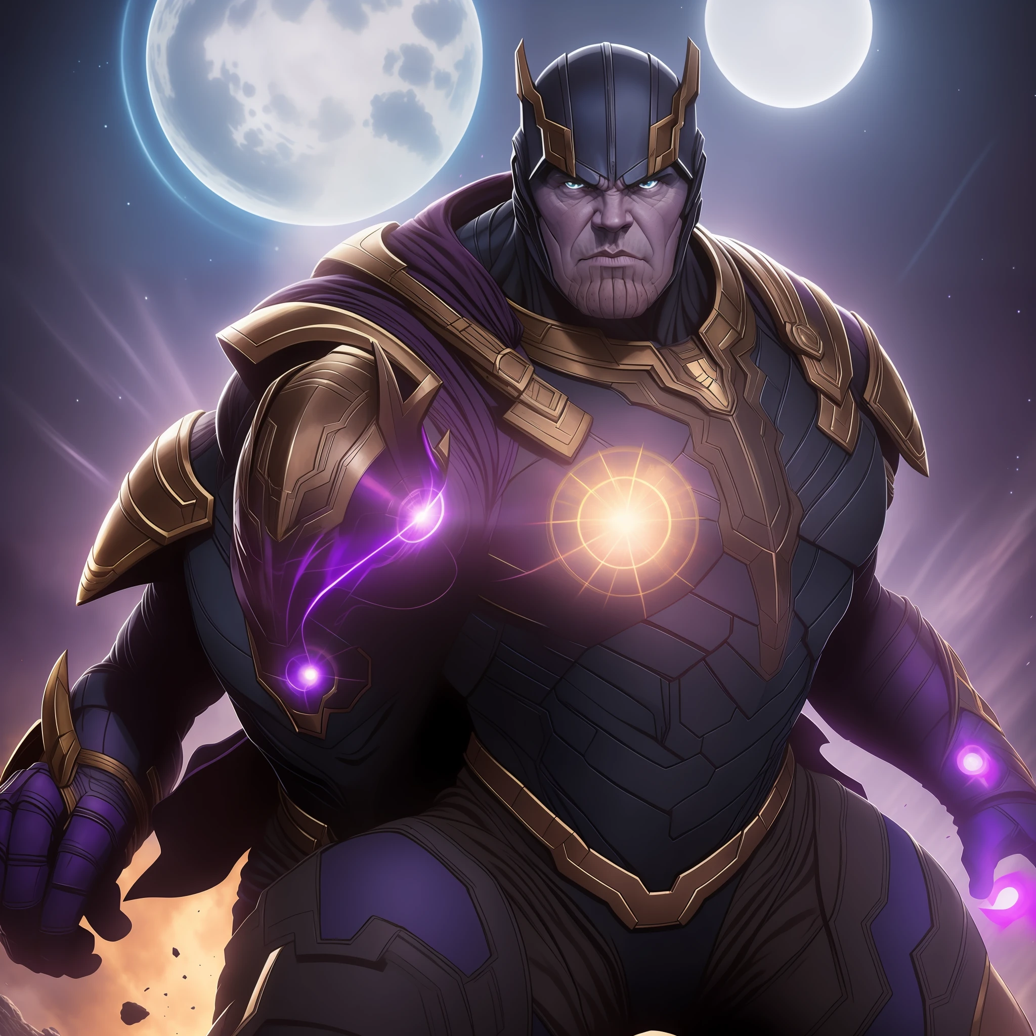 Thanos super detalhado, usando a manopla com as joias do infinito, The focus is on Thanos, He's looking angry, e com um olhar maligno