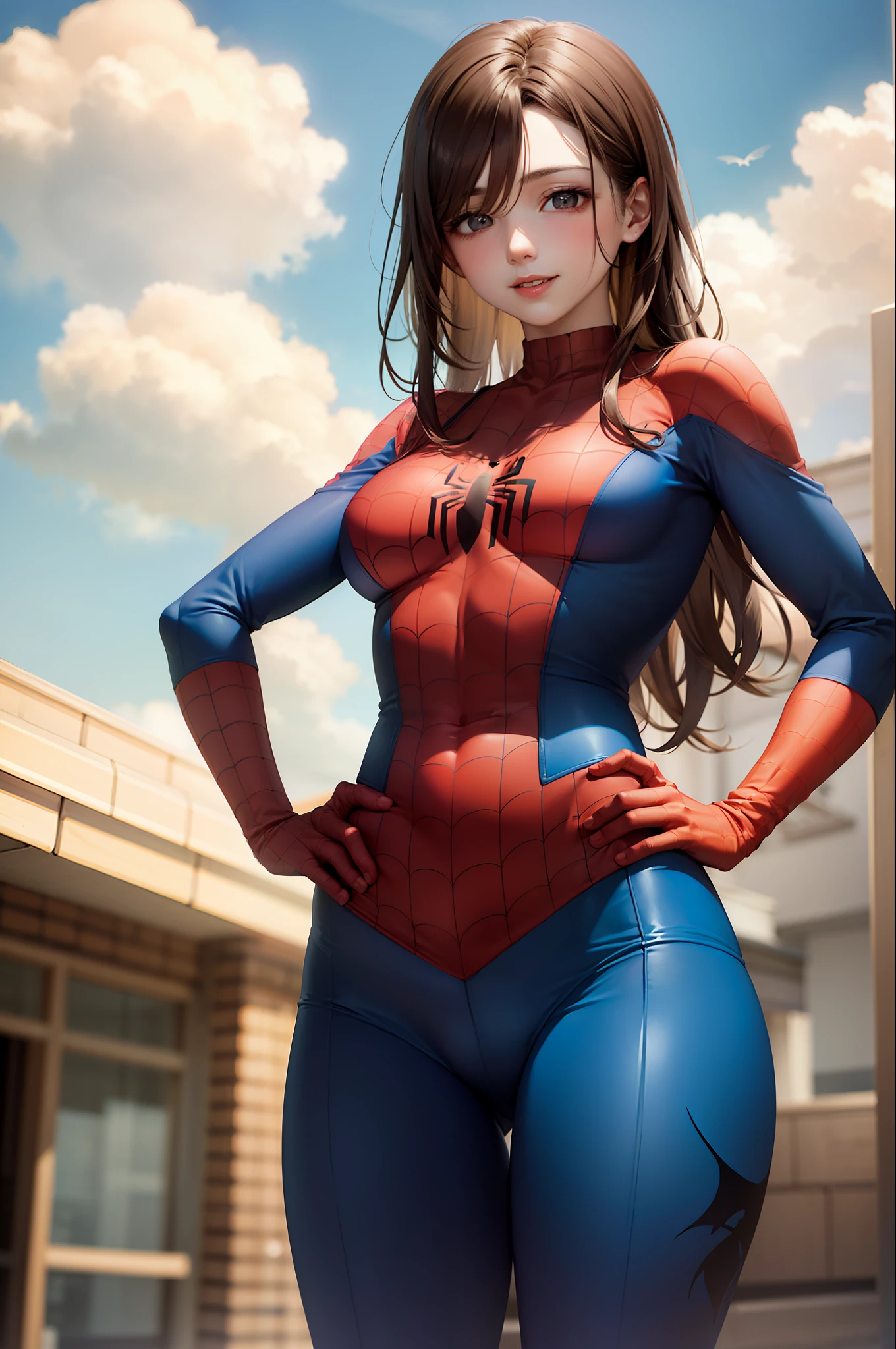 (​masterpiece, beste-Qualit:1.2), Cowboy shot, 独奏, a 1girl, a smile, looking a viewer, Hand on hip, wide thighs, long brown hair, violet eyes, spider suit, web print, web, blue skies, clouds, erotica