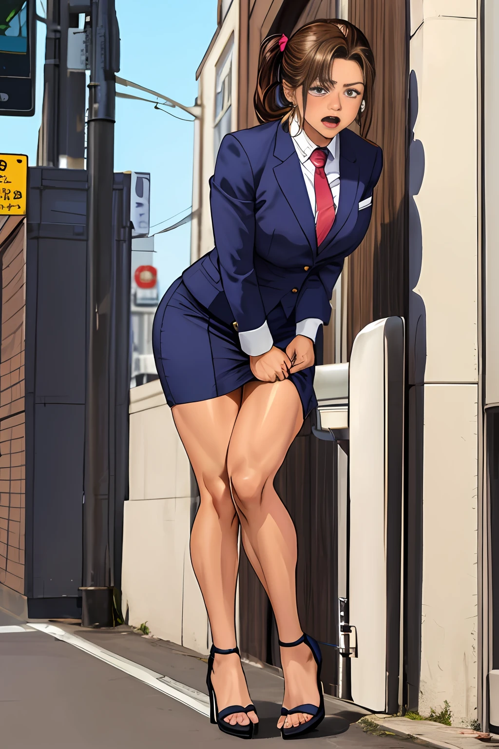 tanned brunette, Two girlfriends, ganguro girl, muscular legs, muscular calves, Strong legs, muscular hips, wide thighs, Curvy hips, high-heeled sandals, tights in a net, Stiletto heels, Women's business suit with a short skirt, large ring earrings, He really wants to pee, running down the street, foot on foot, Coming soon, wants to pee, He really wants to pee, Coming soon, wants to pee, desperately wants to pee, wants to urinate, An expression of shame on his face, confusion, Desperation on the face, Girl crying, pinches the crotch with his hand, Knees clenched together, holding on to his stomach, Clenched hips, Tense posture, bites his lower lip, full bladder, terribly wants to go to the toilet, anatomically correct, Realistic, side glance
